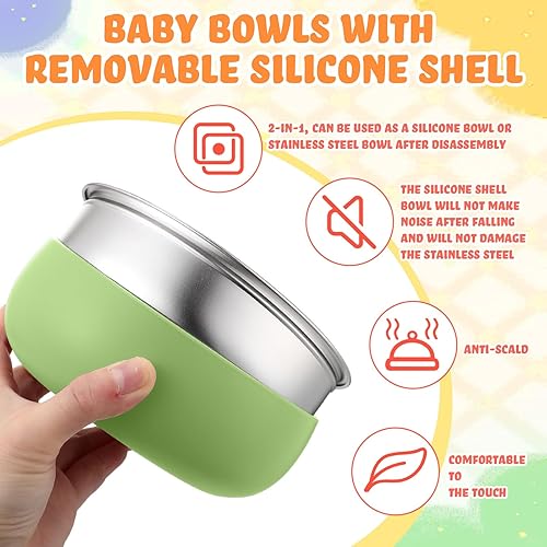 Vista 21 de Nuogo 6 cuencos de acero inoxidable 304 para bebés con carcasa de silicona extraíble para niños pequeños, recipiente antiquemaduras para Color suave