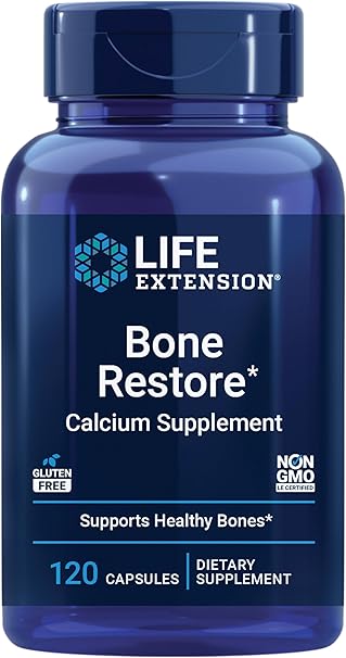 Life Extension Bone Restore Calcium Supplement, vitamin D3, magnesium, boron, zinc, manganese, silicon, helps maintain healthy bone density, gluten-free, non-GMO, 120 capsules