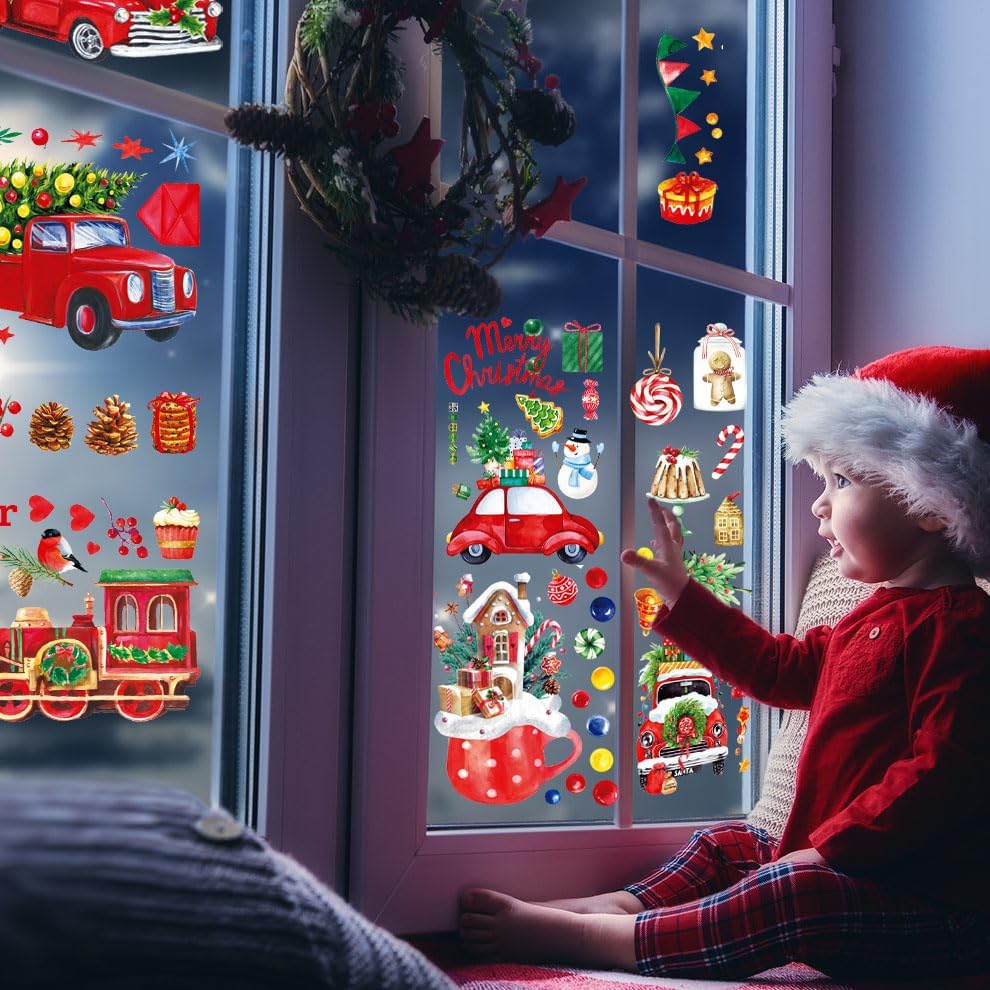 Miniatura 2 de Calcomanías para ventana de camión rojo de Navidad 2024, 9 hojas, 105 unidades, calcomanías rojas de Navidad para camión, calcomanías