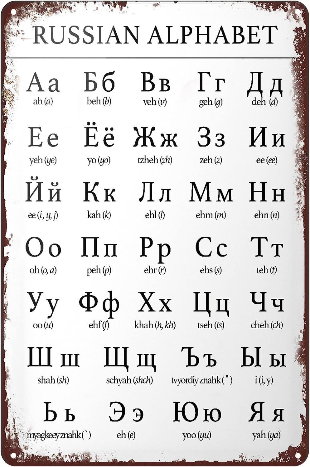 Cosrkee Vintage Metal Sign Russian Alphabet Chart Poster Cyrillic Language Typeface Tin Sign Wall Art Decor Plaque For Home Bar Pub Club Cafe Living