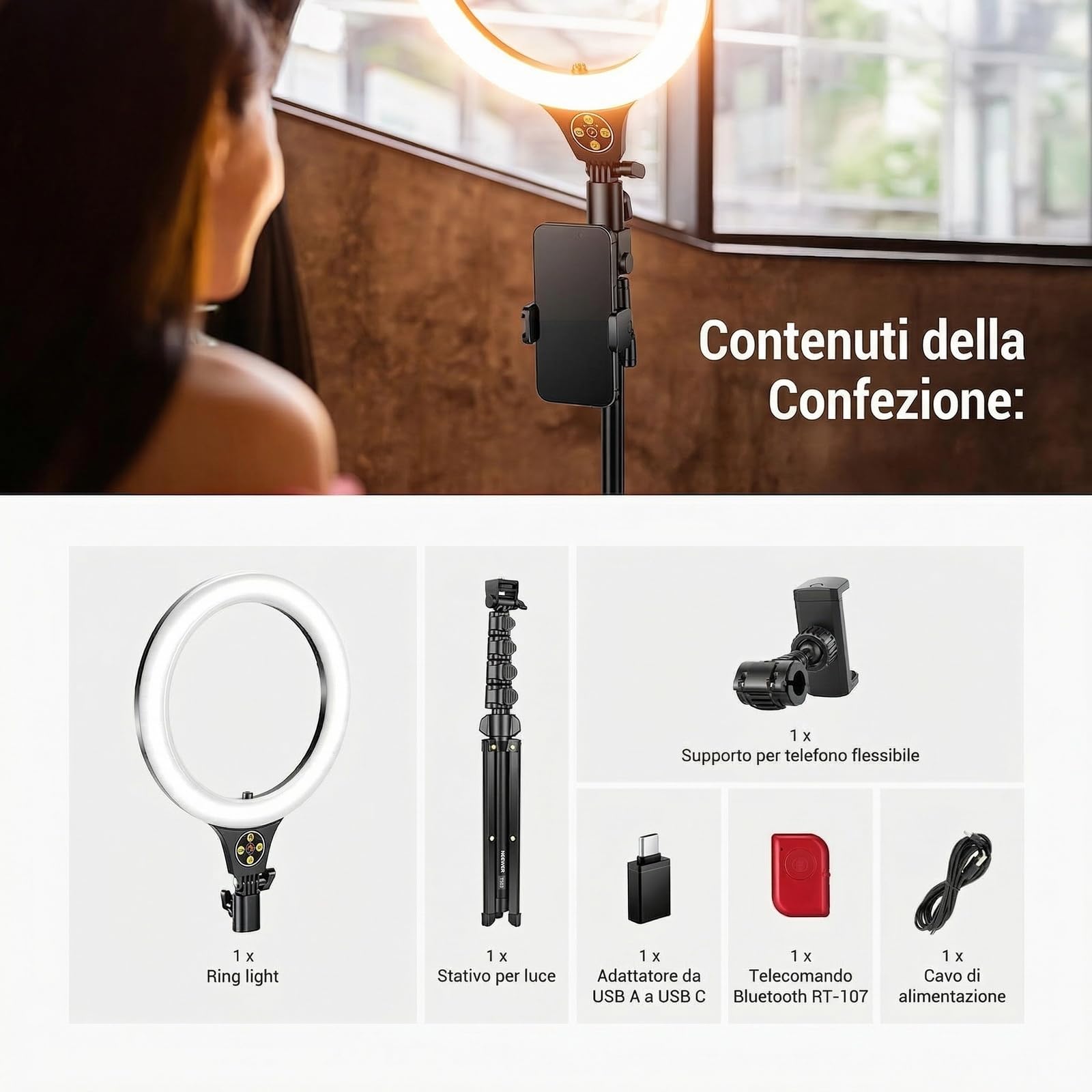 NEEWER ENTRY LEVEL VERSION 10,5" 10W Ring Light con Treppiede da 66", Porta Telefono Overhead Compatibile con iPhone, Luce per Selfie LED Bicolore CRI85+ per TikTok Registrazione Video Streaming, N43