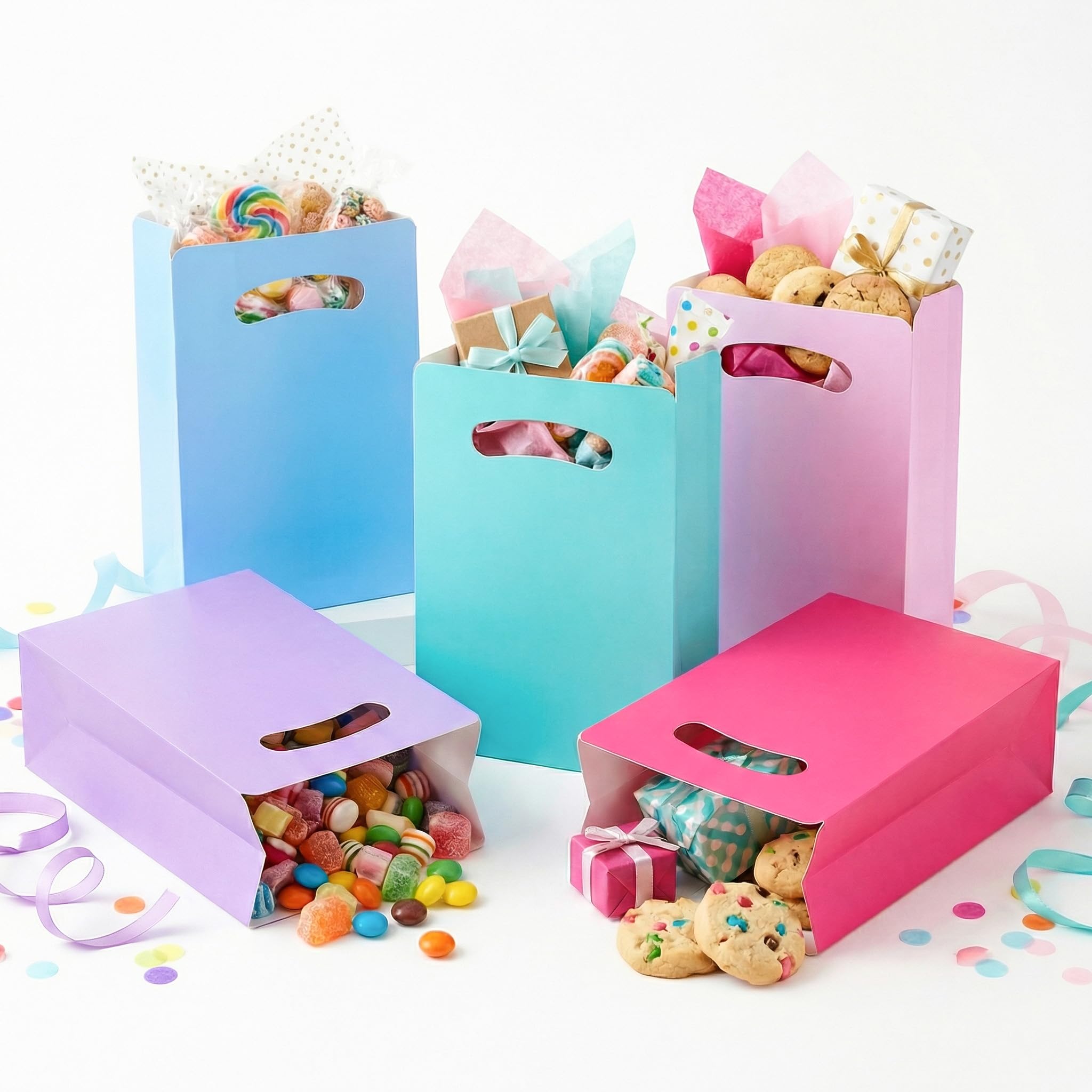 UnicoPak 15 Stück 22,9 cm pastellfarbene Geschenktüten für Geburtstagspartys für Kinder und Mädchen, mehrfarbiges Papier, kleine Geschenktüten für Leckereien, Süßigkeiten, Goody Bags