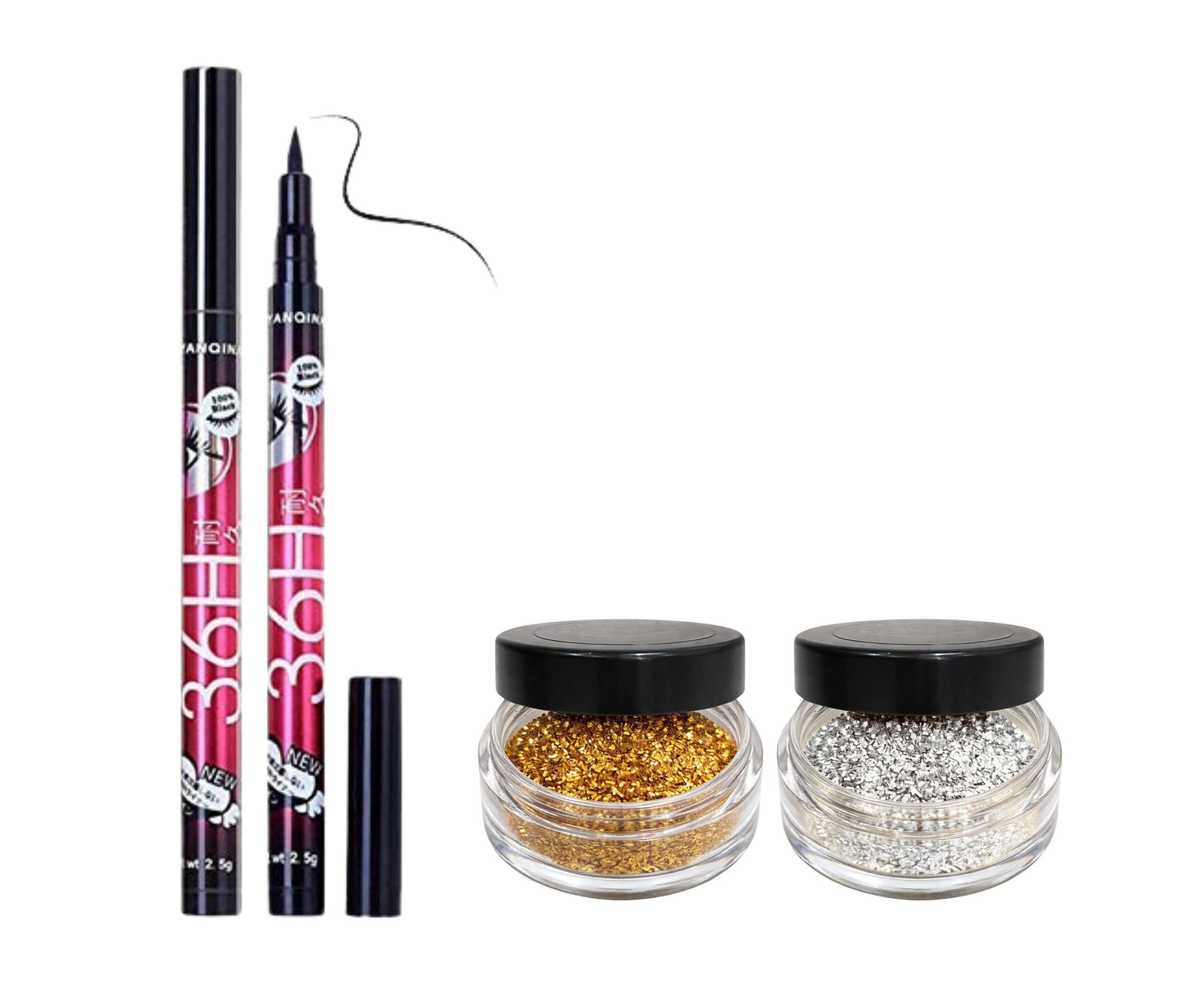 Eye Makeup Combo Set | 36H Long-Lasting Waterproof Black Felt-Tip Eyeliner Pen Duo with 2 Pots Sparkling Chunky Glitter Flakes (Gold & Silver) for Women & Girls-image-4