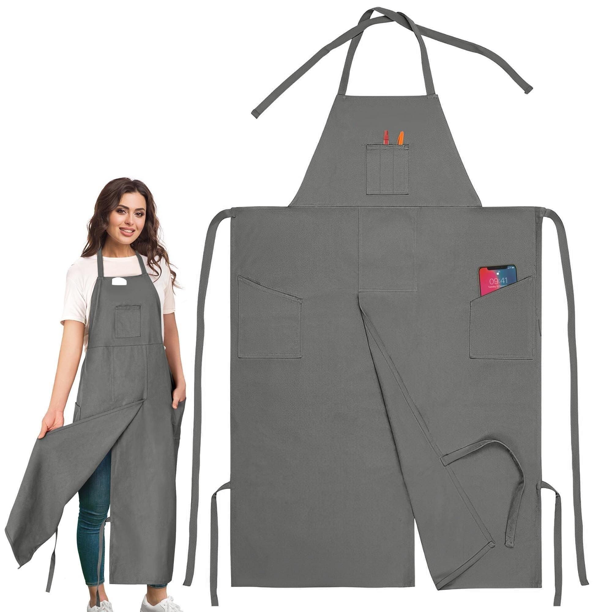 CLKLGEXEAK Full Coverage Pottery Apron Split Leg,100% Cotton Canvas Potter's Aprons For Men & Women,For Ceramic Wheel Throwing, Woodturning, Painting, Leather Carving(Grey)
