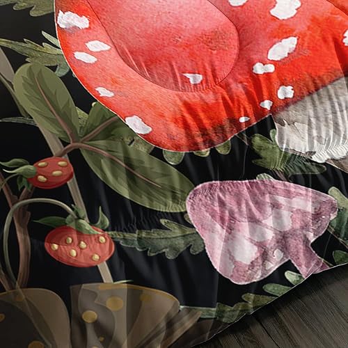 Miniatura 3 de Juego de edredón Kawaii de champiñones rojos, tamaño Queen, juego de ropa de cama con estampado de libélula de hongos y hongos para niños, niñas y