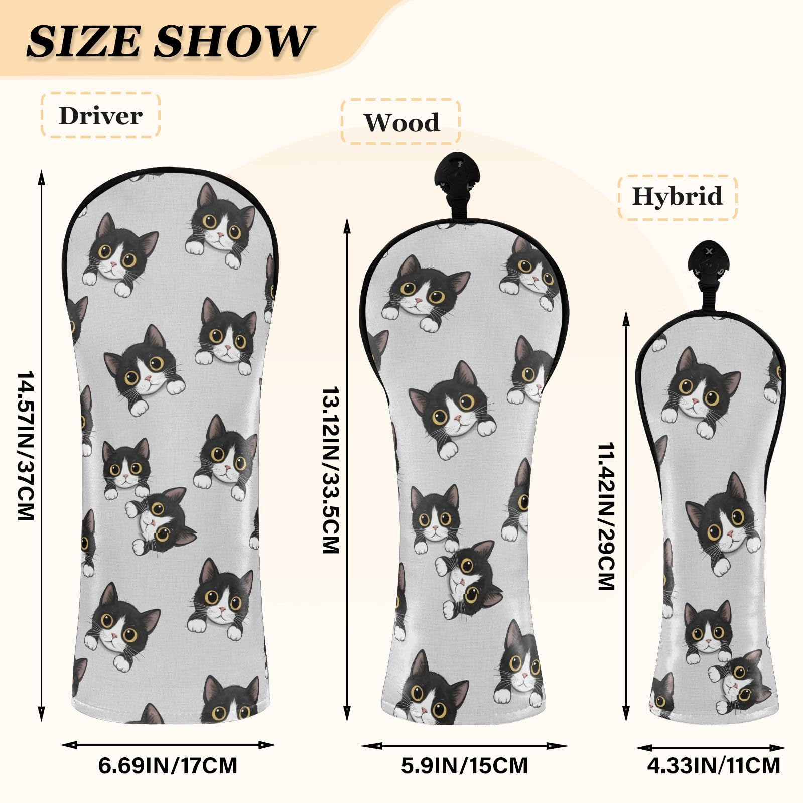 Copritesta per mazze da golf per mazze da golf in legno ibrido con simpatico gatto grigio in pelle PU con etichette numeriche, per donne e