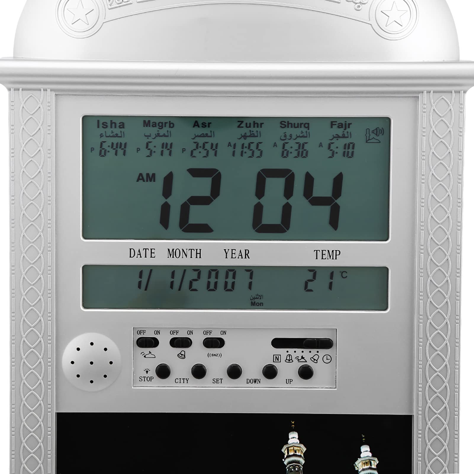 lyrlody Reloj de Oración Musulmán con Recordatorio Azan, Hora Mundial, Pantalla de Temperatura, Plástico y Metal