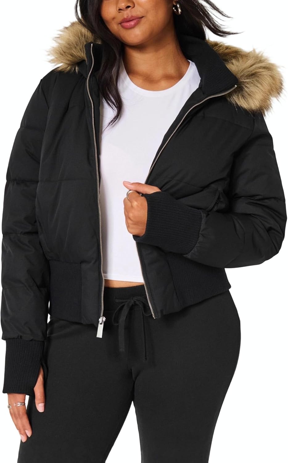 Womens Faux Fur Trim Hooded Jacket Winter Warm Quilted Puffer Bomber Padded Coat Ut...