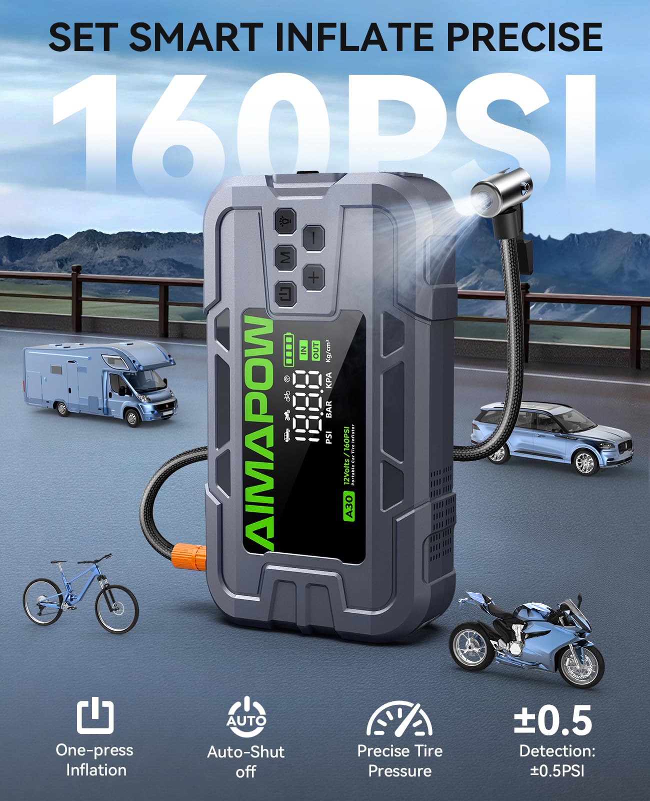 Arrancador de batería de coche con compresor de aire, 8000 A, 160 PSI | Todos los gases/12L Diesel, 12V portátil, carga rápida, luz LED de 270°