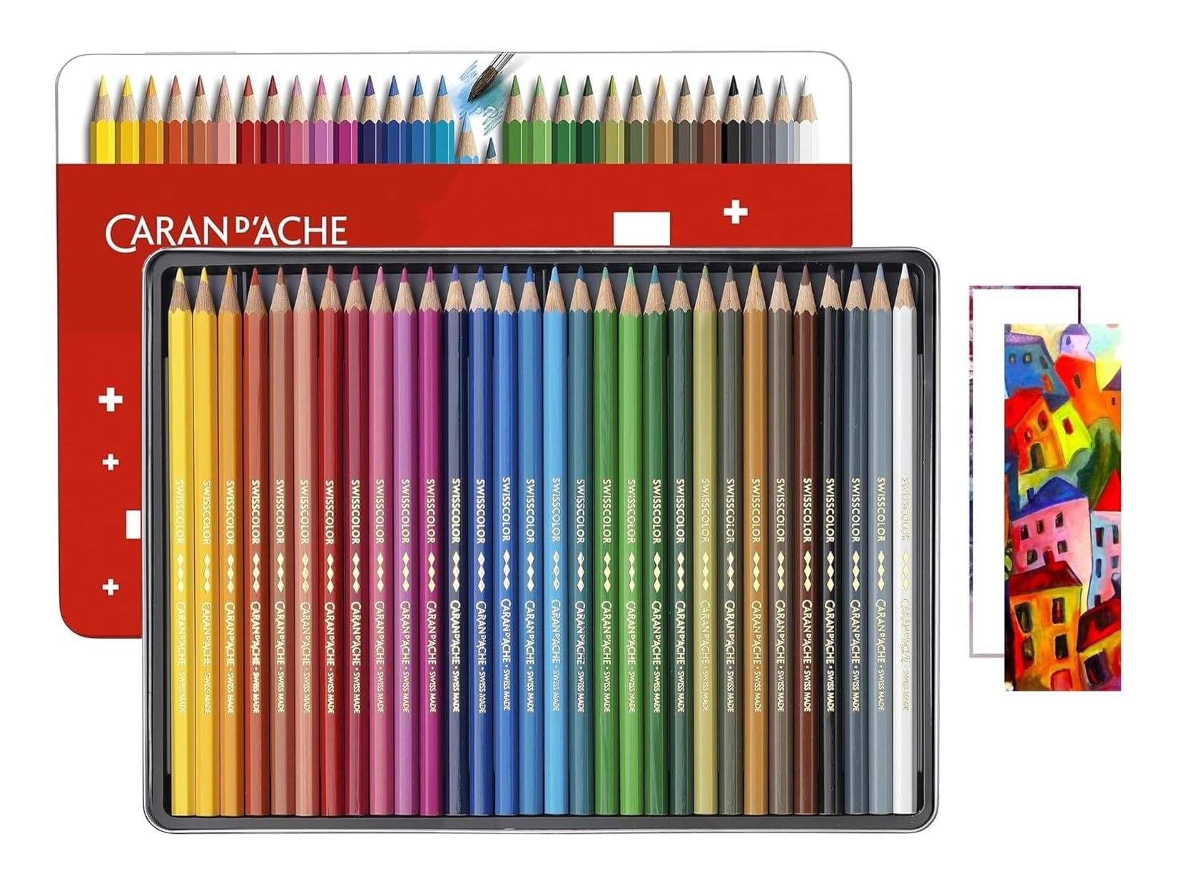 Caran D'ache Swisscolor - Matite acquerellabili in scatola di metallo, confezione da 30 pezzi e 2 carte