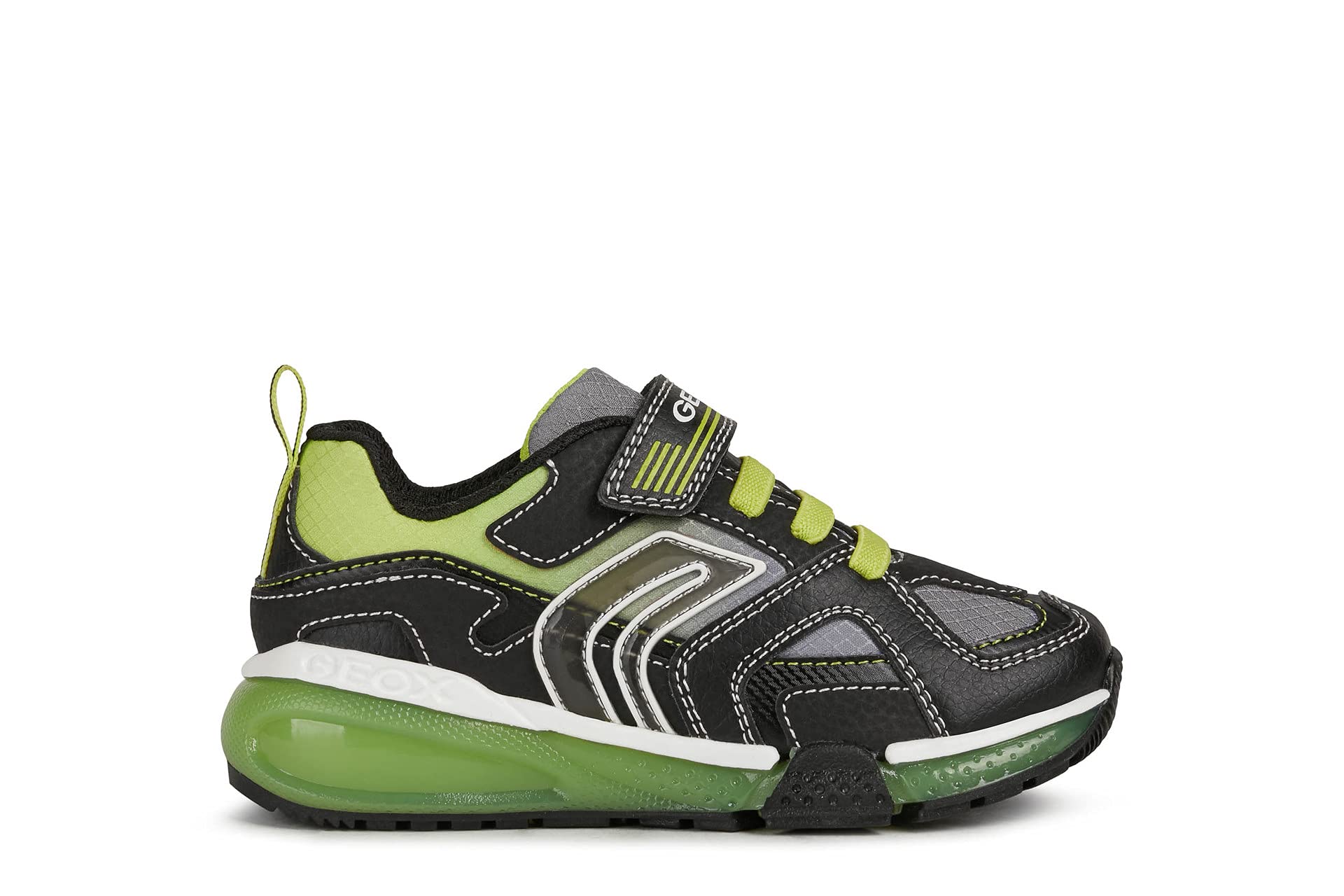 Geox Boys Bayonyc Leather Lined Sneakers (10.5 Little Kid) (Black/Lime Green)