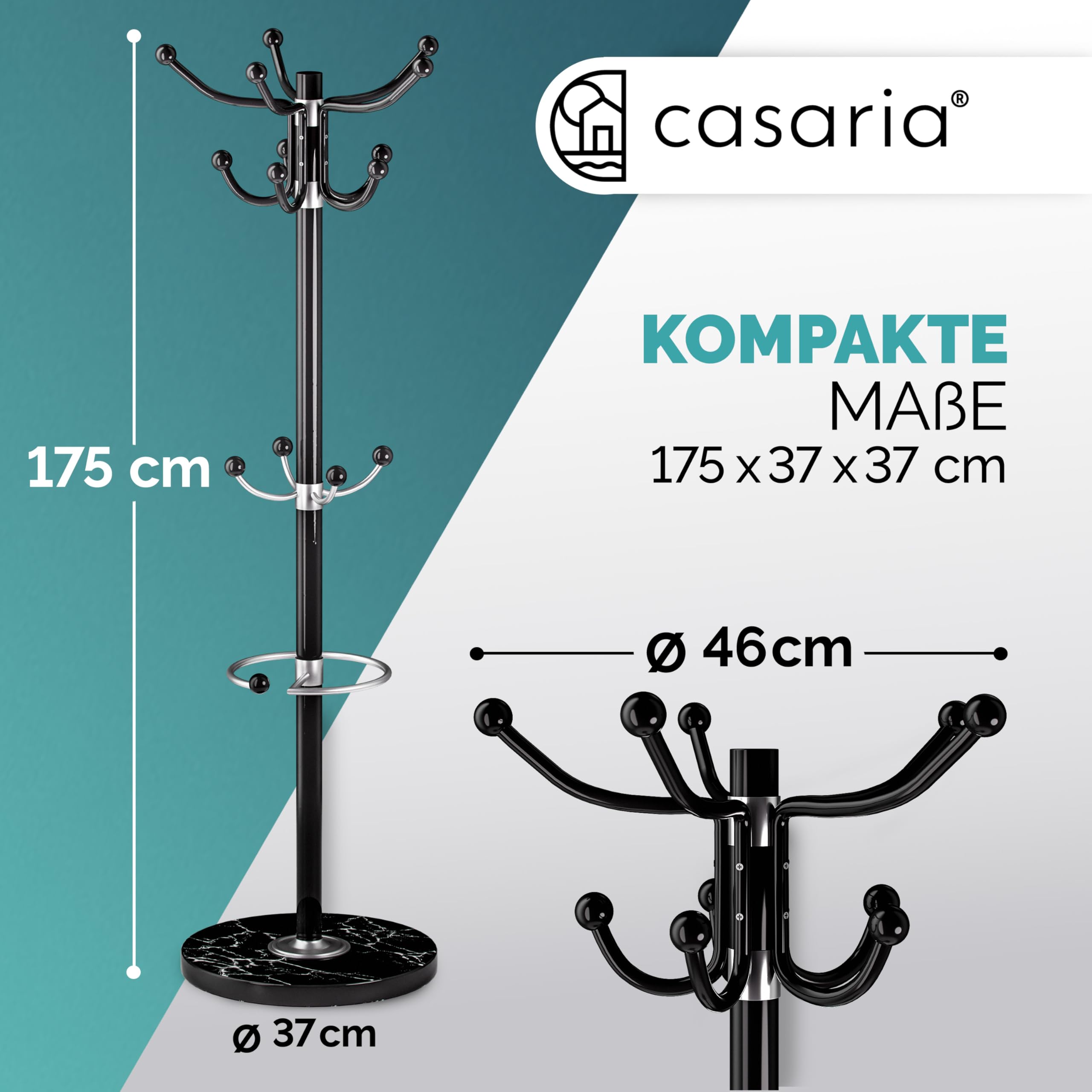 Casaria® Kleiderständer Marmorsockel Metall 14 Haken 360° Drehbar Stabil 37x37x175 cm Flur Büro Garderobenständer Kleiderstange Jackenständer Schwarz