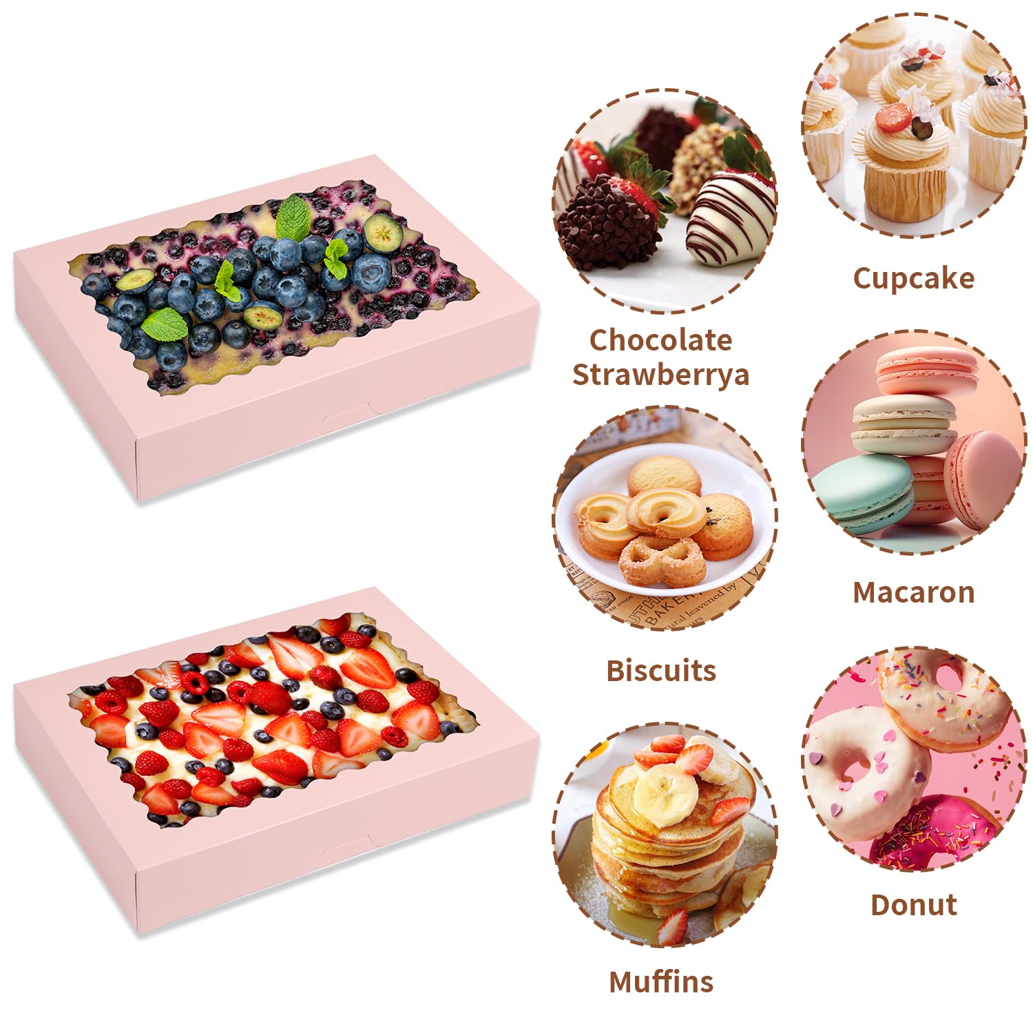 24 cajas de galletas, cajas grandes de panadería de 14 x 10 x 2.5 pulgadas con ventana para pasteles, chocolate, fresas, magdalenas, donas, pasteles, postres, Navidad (rosa)
