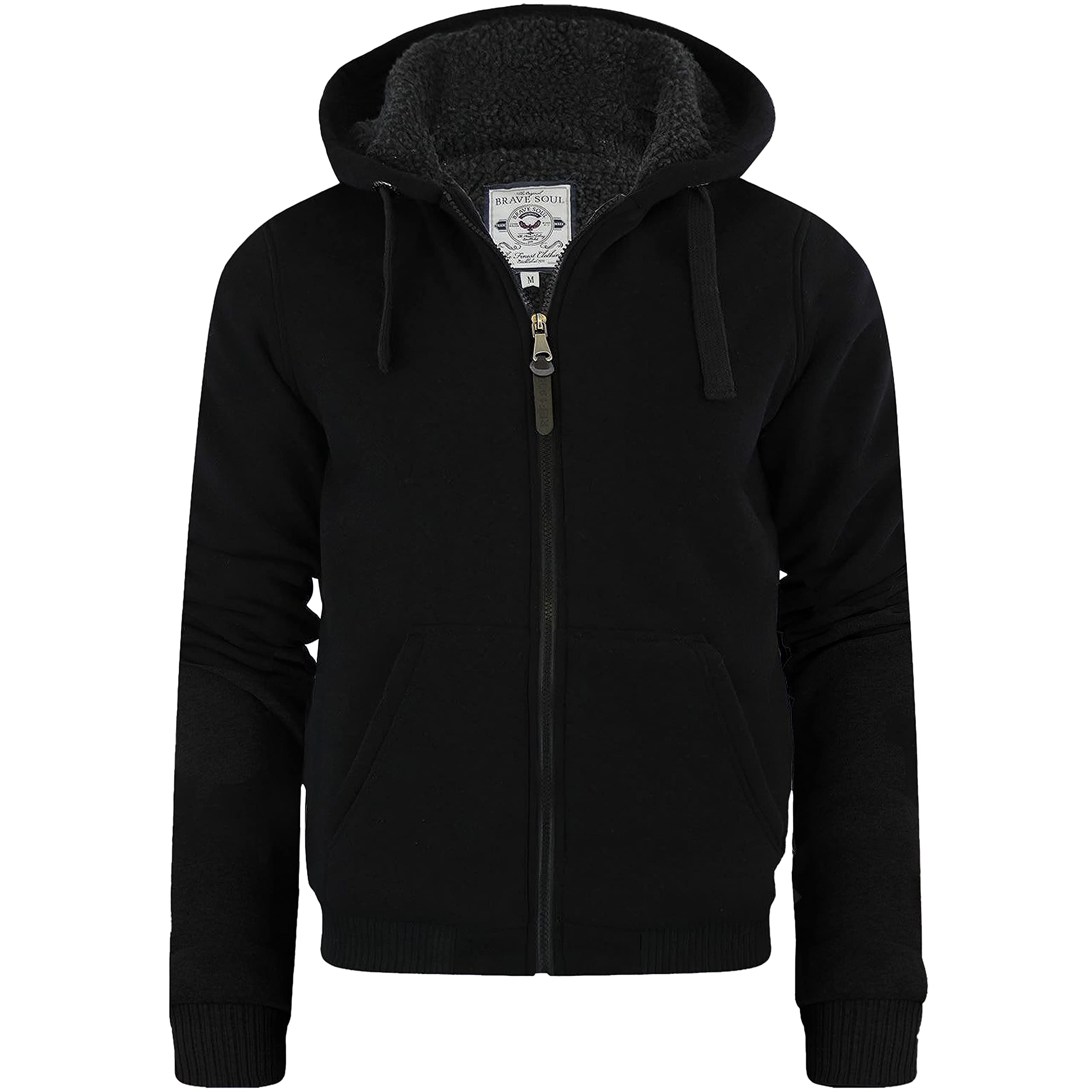 BRAVE SOUL Mens Hooded Sweatshirt Jumper 'Zone' Hoodie Sherpa Lined (Zone (Black)) XXL