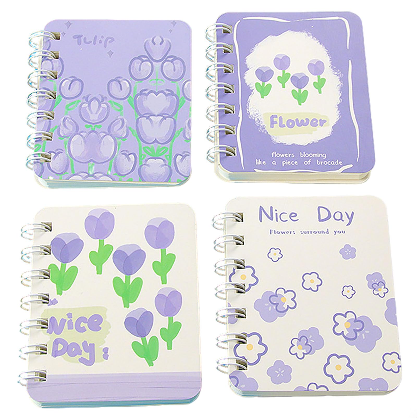YIKANGHENG Cute Small Spiral Notebook, 4 Pcs 4 Inch x 3 Inch 4 Style Design Soft Paper Cover 8 mm Ruled Pages 80 Sheets(160 Pages) Journals for Study and Notes (purple flower)