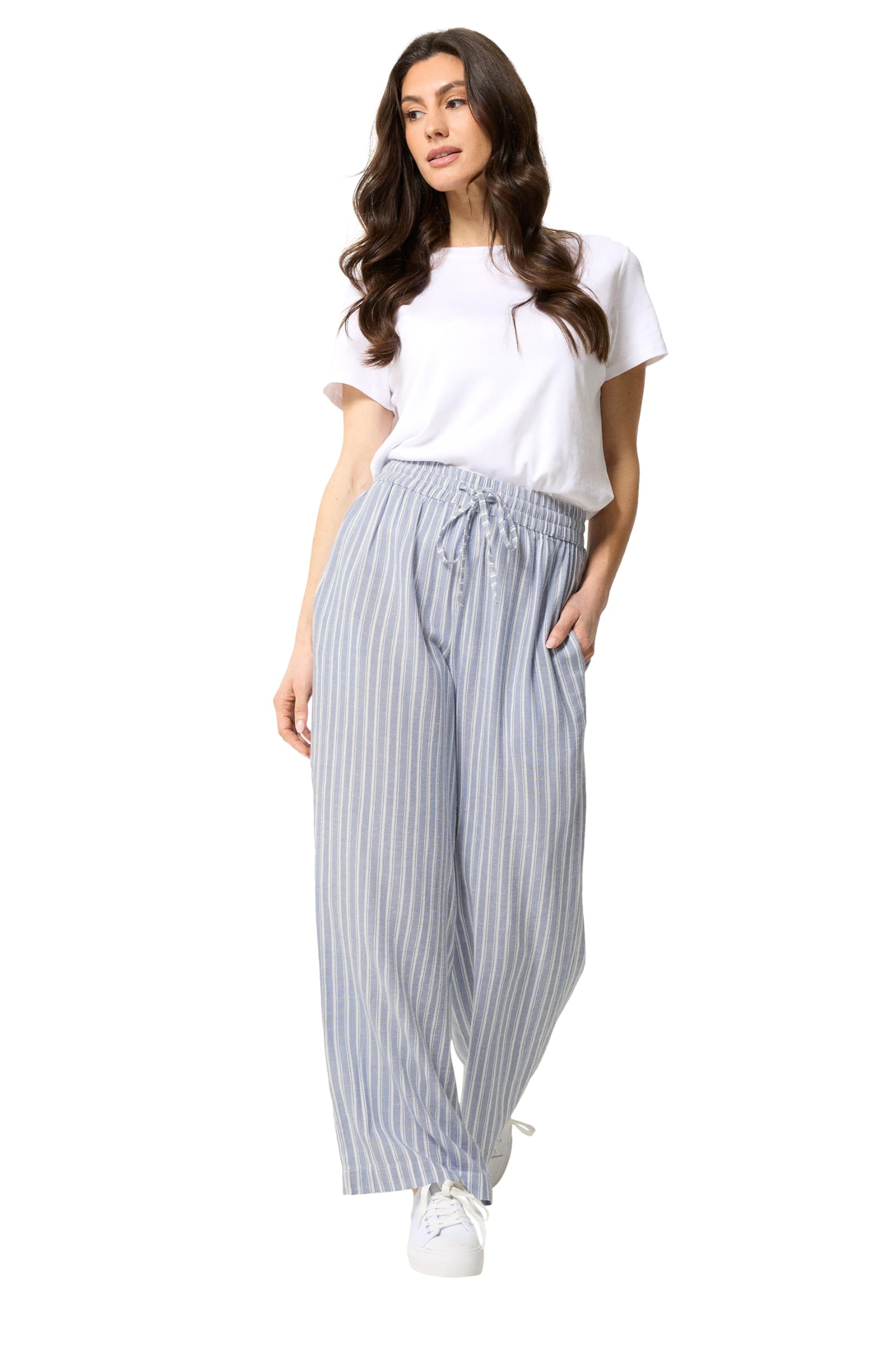 M&Co Blue Stripe Tie Waist Cotton Trousers - Women's