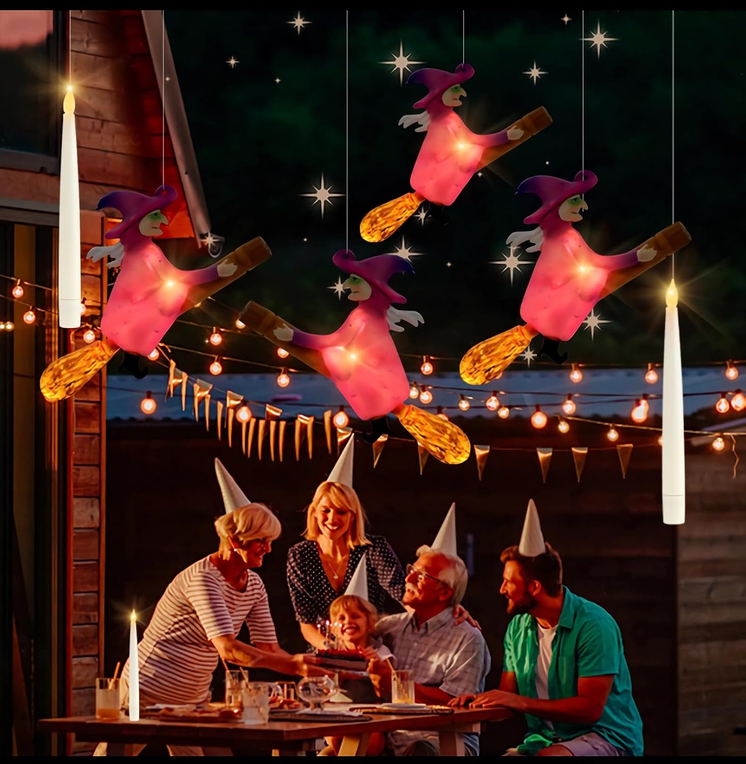 Halloween Lights, Harry Flameless Potter Candles with Witch Flying On Broomsticks, Hanging LED Night Light Remote by Magica Wand, Floating Light Up Witch Halloween Decorations Birthday Party Decors