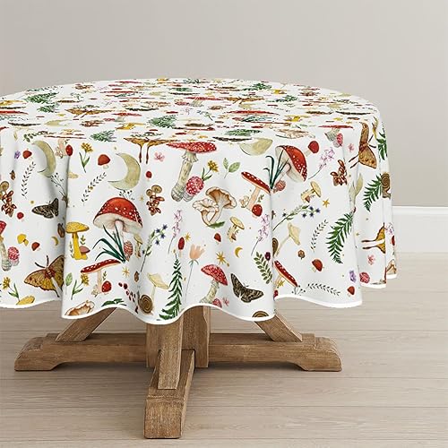 Horaldaily Mushroom Tablecloth 70x70 Inch Round, Seasonal White Vintage Moths Washable Seasonal Table Cover for Party Picnic Dinner Decor