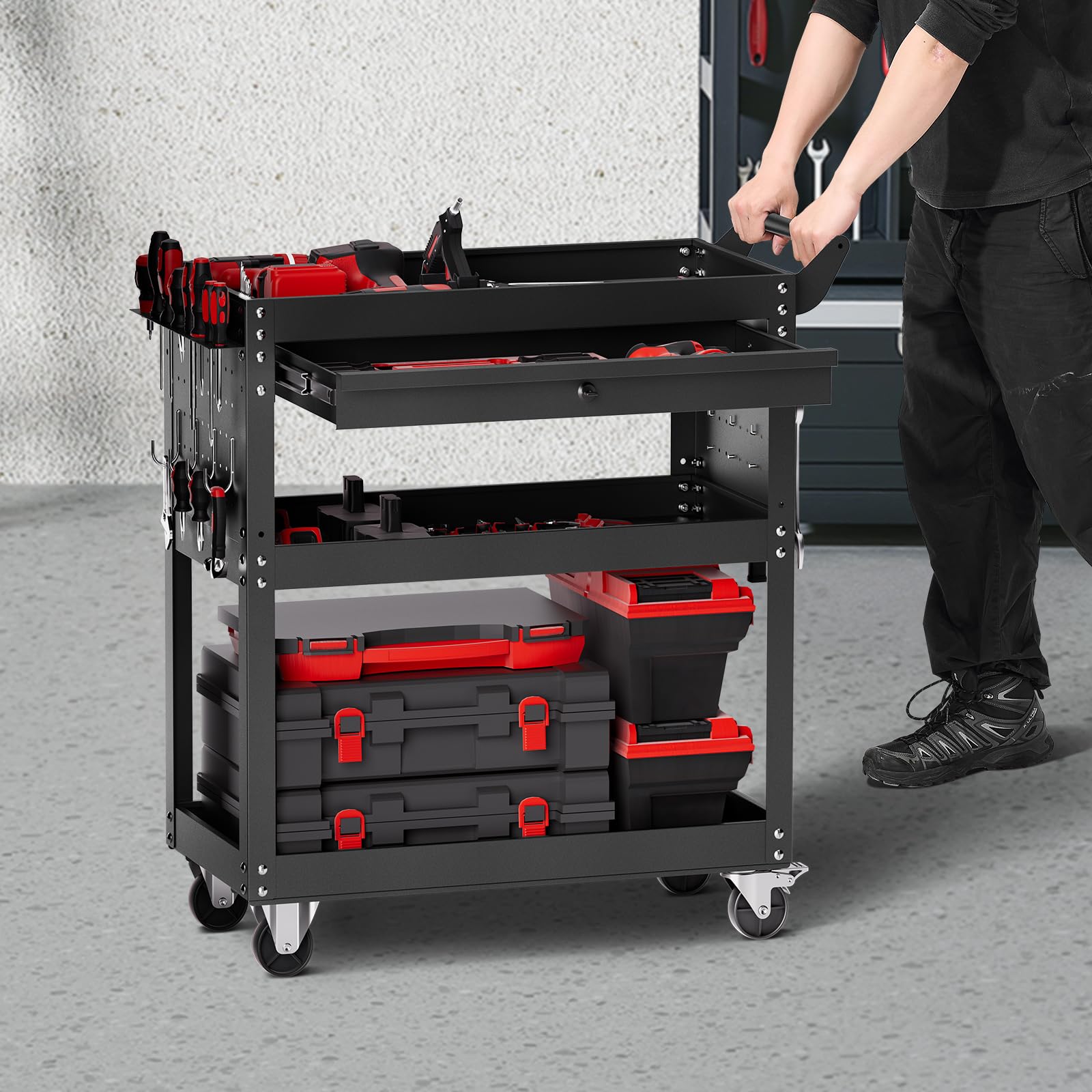 VEVOR Carrello Portautensili a 4 Ripiani con Ruote, Carico 160 kg Carrello da Lavoro con Cassetto e Pannello Forato, Organizzatore per Utensili Meccanici con Sistema di Bloccaggio per Garage, Nero