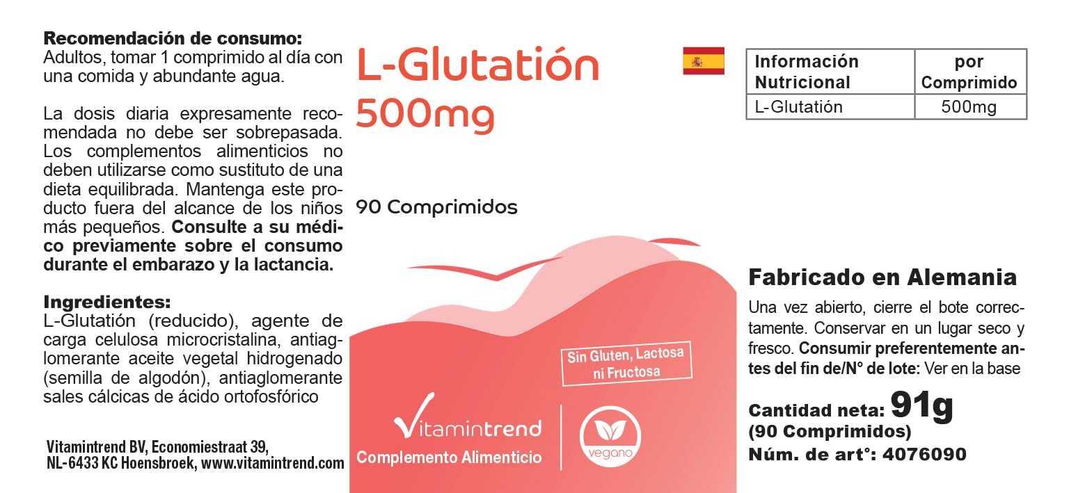 Vitamintrend L-Glutathion 500 mg, 90 comprimés, hautement dosé, complément alimentaire végan sans stéarate de magnésium, fabriqué en Allemagne