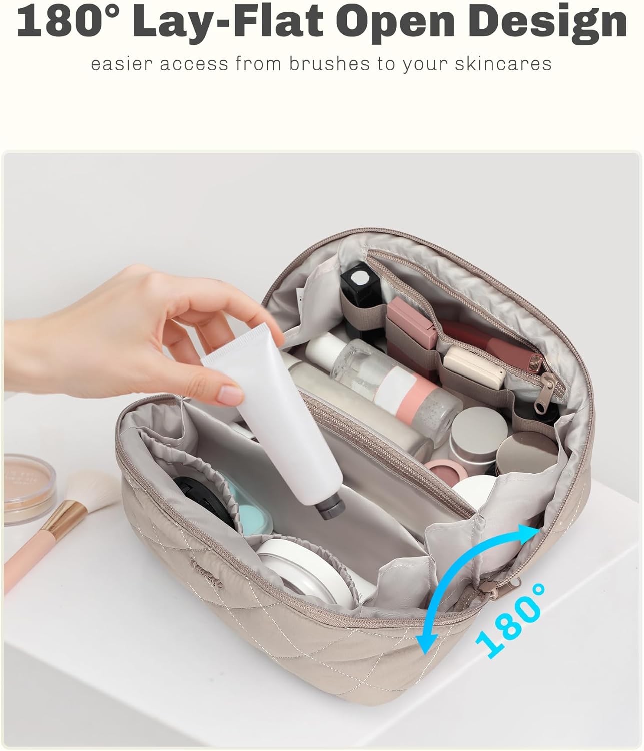 Hynes Eagle Travel Makeup Bag for Women Puffy Cosmetic Organizer Pouch Open Flat Toiletry Bag for Toiletries, Brushes Camel