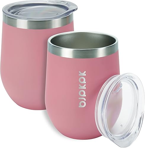 BJPKPK 2 vasos de vino aislados de 12 onzas, tazas de café al vacío de doble pared de 12 onzas con tapa, vasos de vino de acero inoxidable