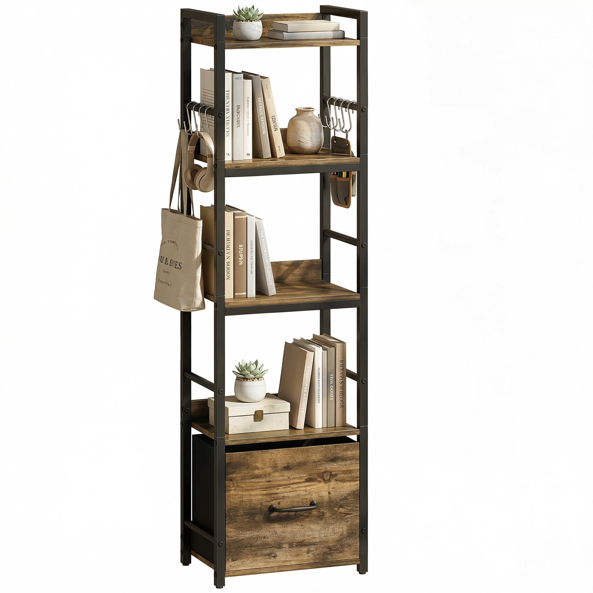 HOMCOM 4-Tier Bookshelf with Drawer 8 Hooks 39 x 26 x 136.5 cm Rustic Brown
