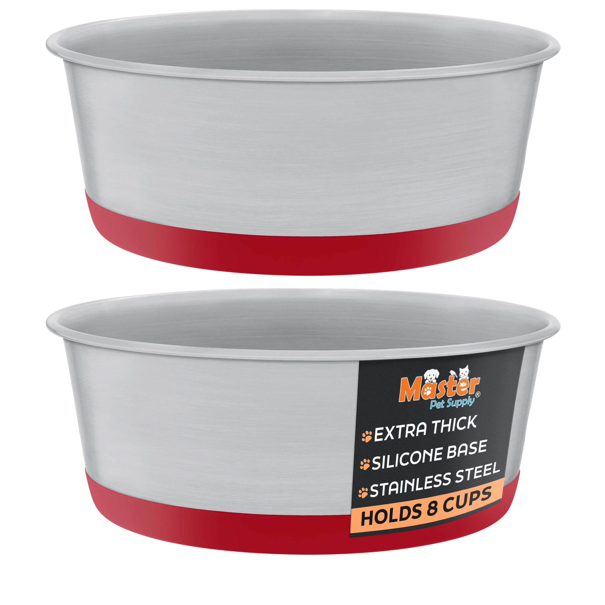 Master Pet Supply Stainless Steel Dog Bowls Set of 2 with Extra Thick Silicone Base - 8 Cup (64 oz) Crimson Red, Non-Slip, Dishwasher Safe Metal Bowls, Pet Dog Food Bowl for Dogs, Cats, Anti Rust