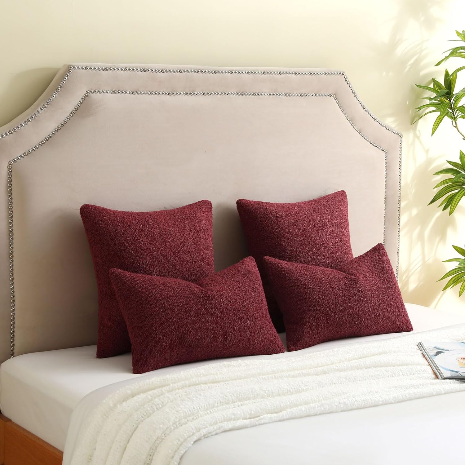 FUTEI Pack of 2 Burgundy Decorative Throw Pillow Covers 18x18 Inch Soft Cozy Solid Boucle Textured Cushion Case,Modern Home Decor for Couch Bed Living Room - Image 6