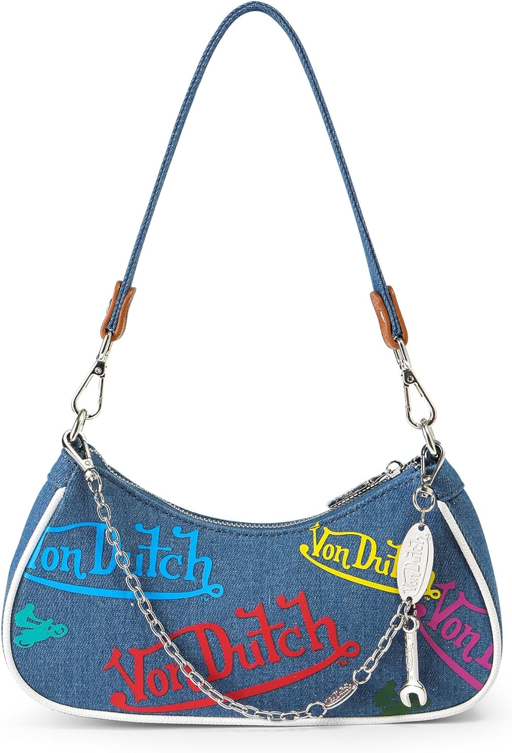 Von Dutch Purse Shoulder Bag, Women's Shoulder Handbags Logo Print and Gold or Silver Chain with Wrench Charm