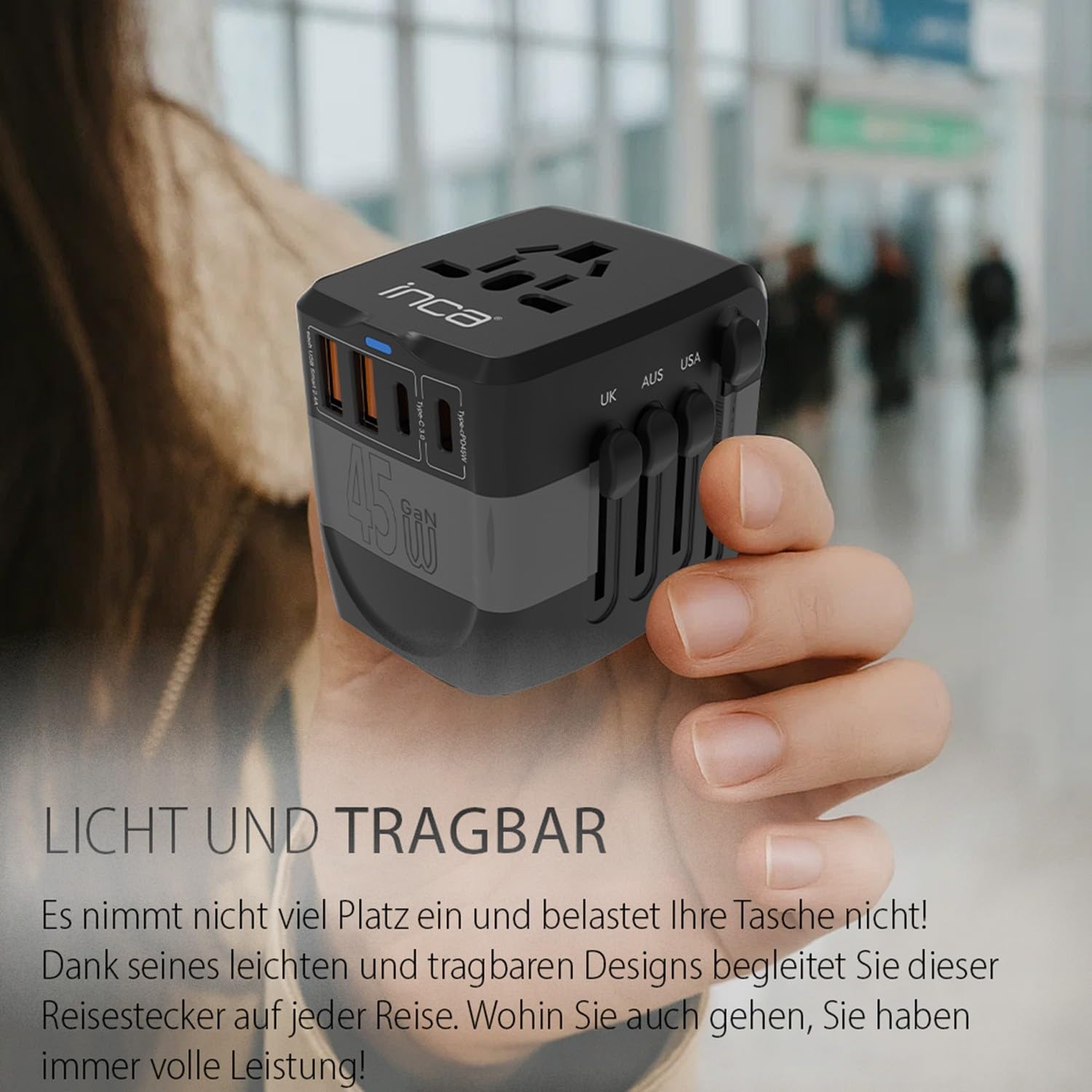 inca IPW-45SA adapter podróżny na całym świecie, 45 W, wtyczka podróżna z 2 USB-C, 2 USB-A, szybkie ładowanie PD 45 W, międzynarodowy adapter do gniazda wtykowego do USA/UE/UK/OFF – ponad 150 krajów