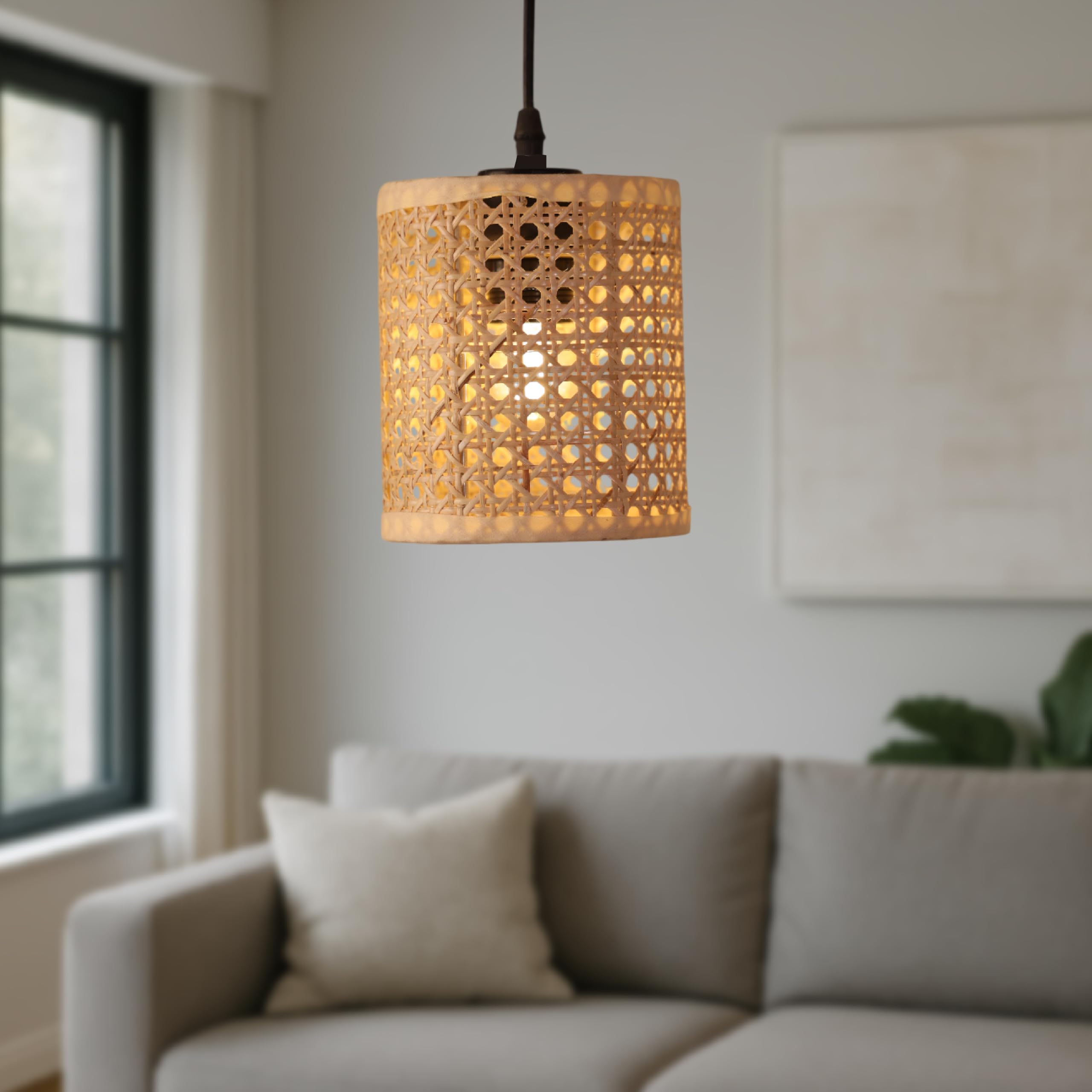 Ikari Homes Rattan Pendant Light, Cylindrical Woven Shade, Natural Indonesian Rattan I Boho Hanging Ceiling Hanging Light I Indoor & Outdoor Hanging Lamp I (Bulb not Included)-picture-10