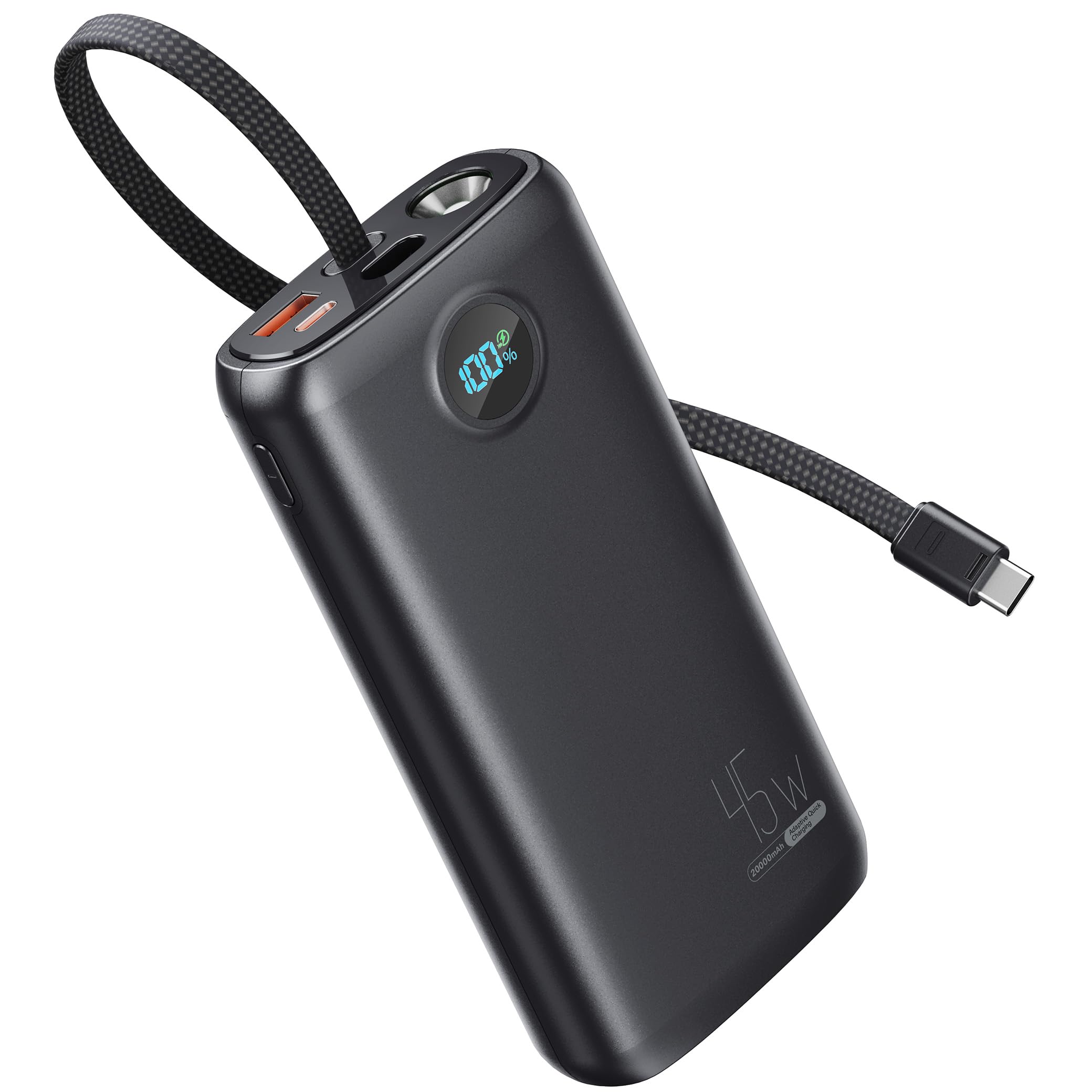 DIAMUAR Portable Charger 20000mAh 45W, Built in USB C Cable, 3W Flashlight | Fast Charging, Digital Display, 3 Ports, All-Day Power, Travel-Ready, for iPhone 17/16/15, Tablet, Laptop, Camping Essentials