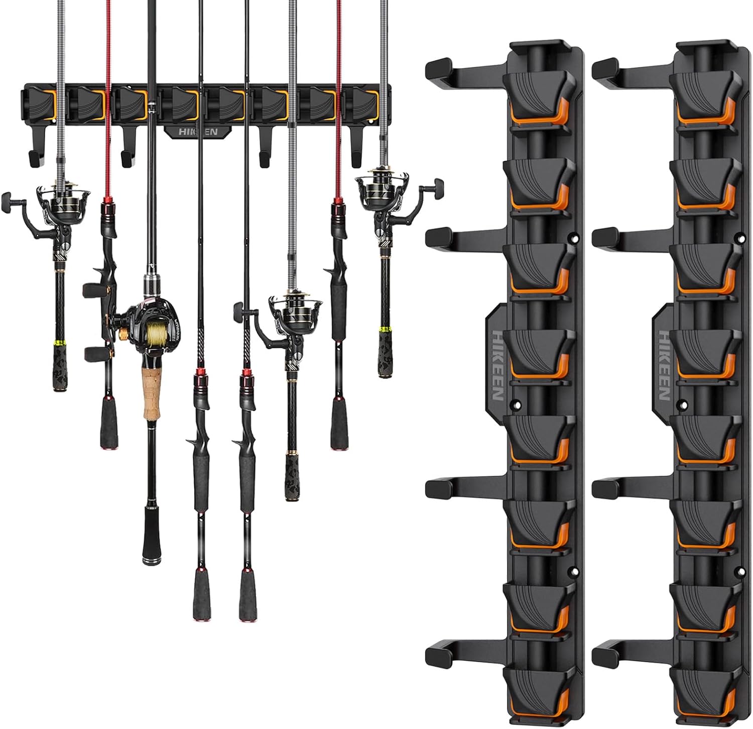Fishing Rod Holders, Wall Mounted Fishing Rod Rack, Fishing Pole Holder Holds Up to 8 Rods or Combos, Fishing Rod Holders for Garage with 4 Hooks, Fits Most Rods of Diameter 3-24mm