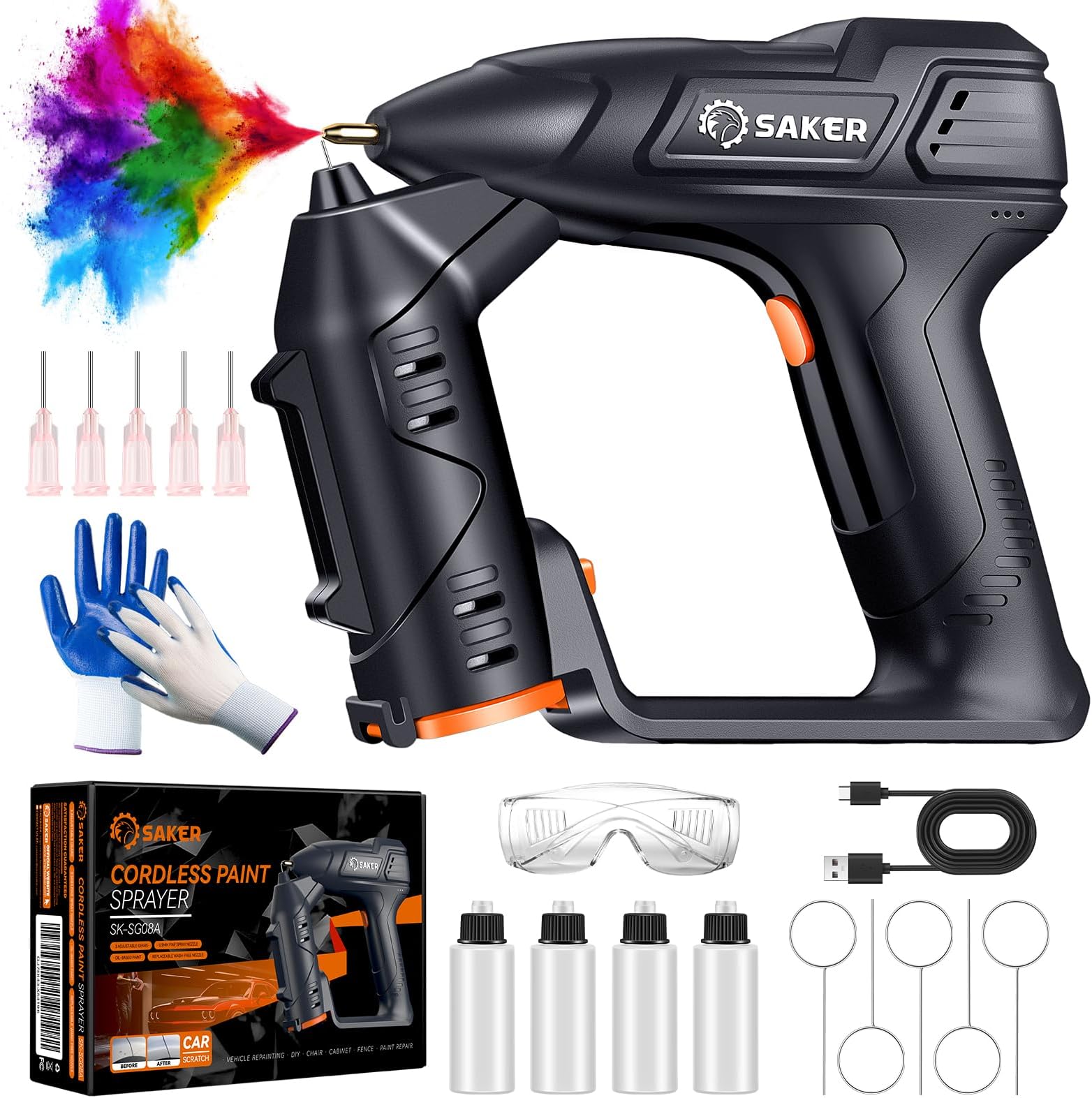 Saker Cordless Paint Sprayer Gun for Car Paint Scratch Repair, Handheld High Power Portable Electric Spray Paint Gun for Painting Cars,Cabinet, Paint Repair and DIY Blue 3 Gears