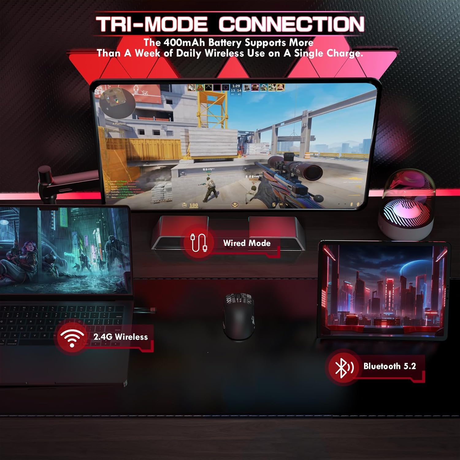 ATTACK SHARK × MAMBASNAKE M4 Wireless Gaming Mouse, 24000 Adjustable DPI PAW3311 Optical Sensor, Programmed Buttons, 52g Lightweight Ergonomic Computer Mice 2.4G/BT/USB-C for PC/Mac-Black&Griptape