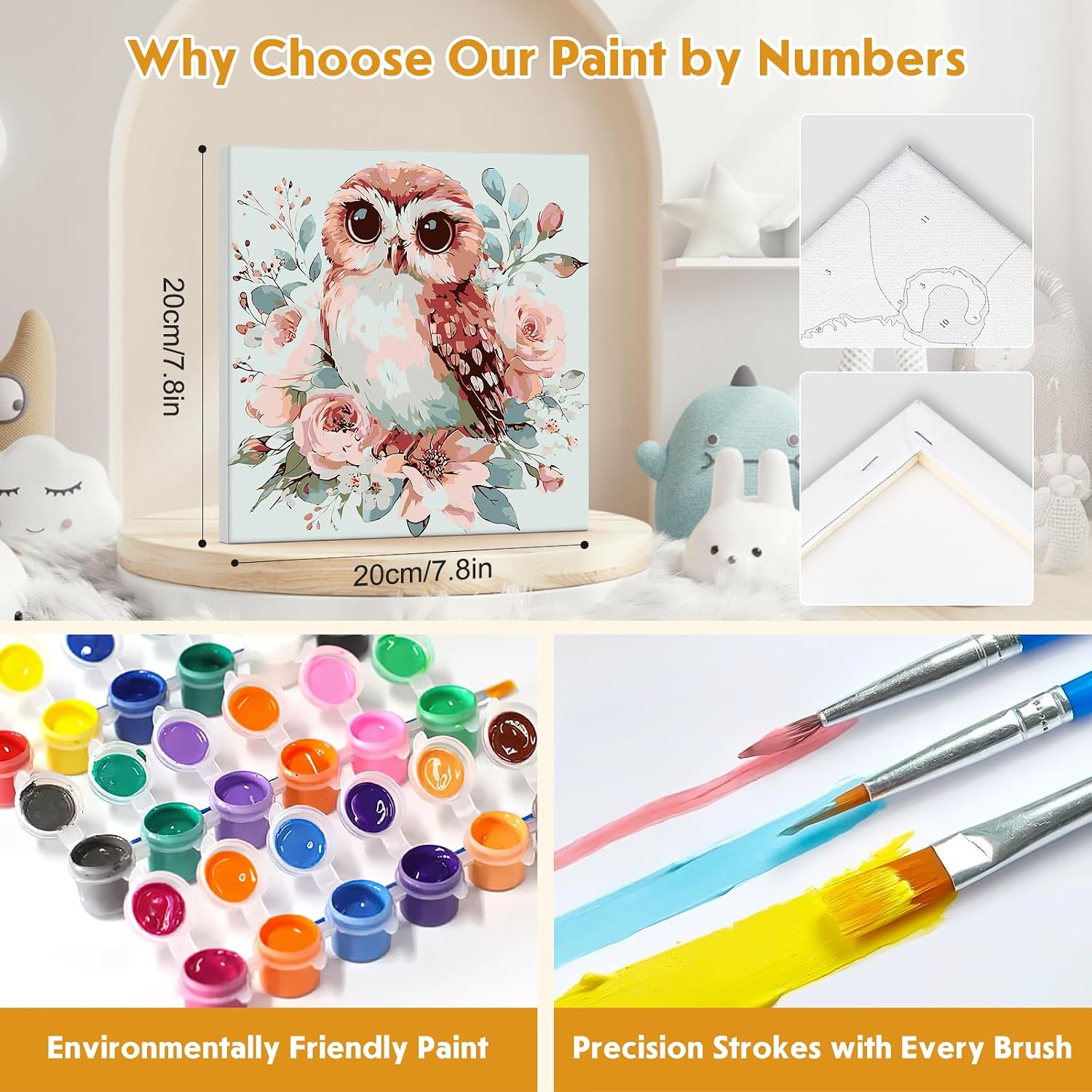 4 Pack Paint by Numbers Kit for Kids Beginner with Wooden Frame, Cute Giraffe, Owl, Fox, Hedgehog, Paint by Numbers Kit for Adults, Adorable Animal, DIY Painting Kits for Home Wall Decor 8x8 inch image 3