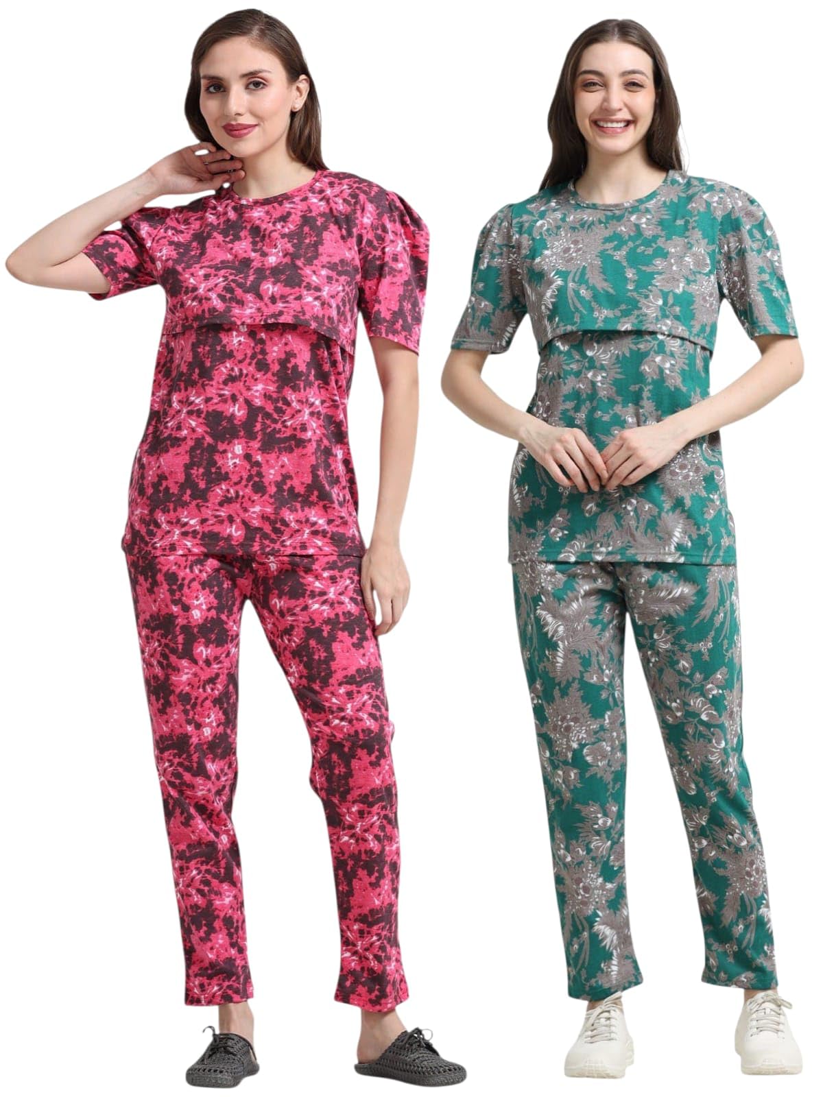 Women Maternity Zipless Feeding Pyjama Set Front Access Nightwear, Soft & Comfortable Fabric, Relaxed Fit Pyjama Set | Colour: RED(D&D)-BG-L-image-43