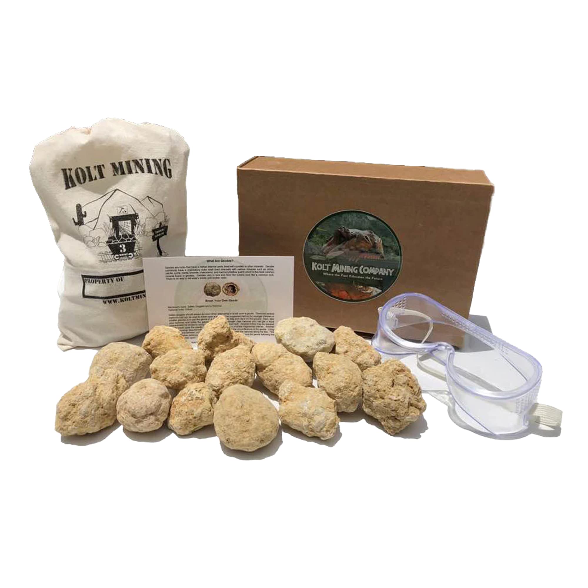 Kolt Mining Break Your Own (15) Medium sized (2-2.5 inch) Geodes with instructional card, canvas bag, and safety googles