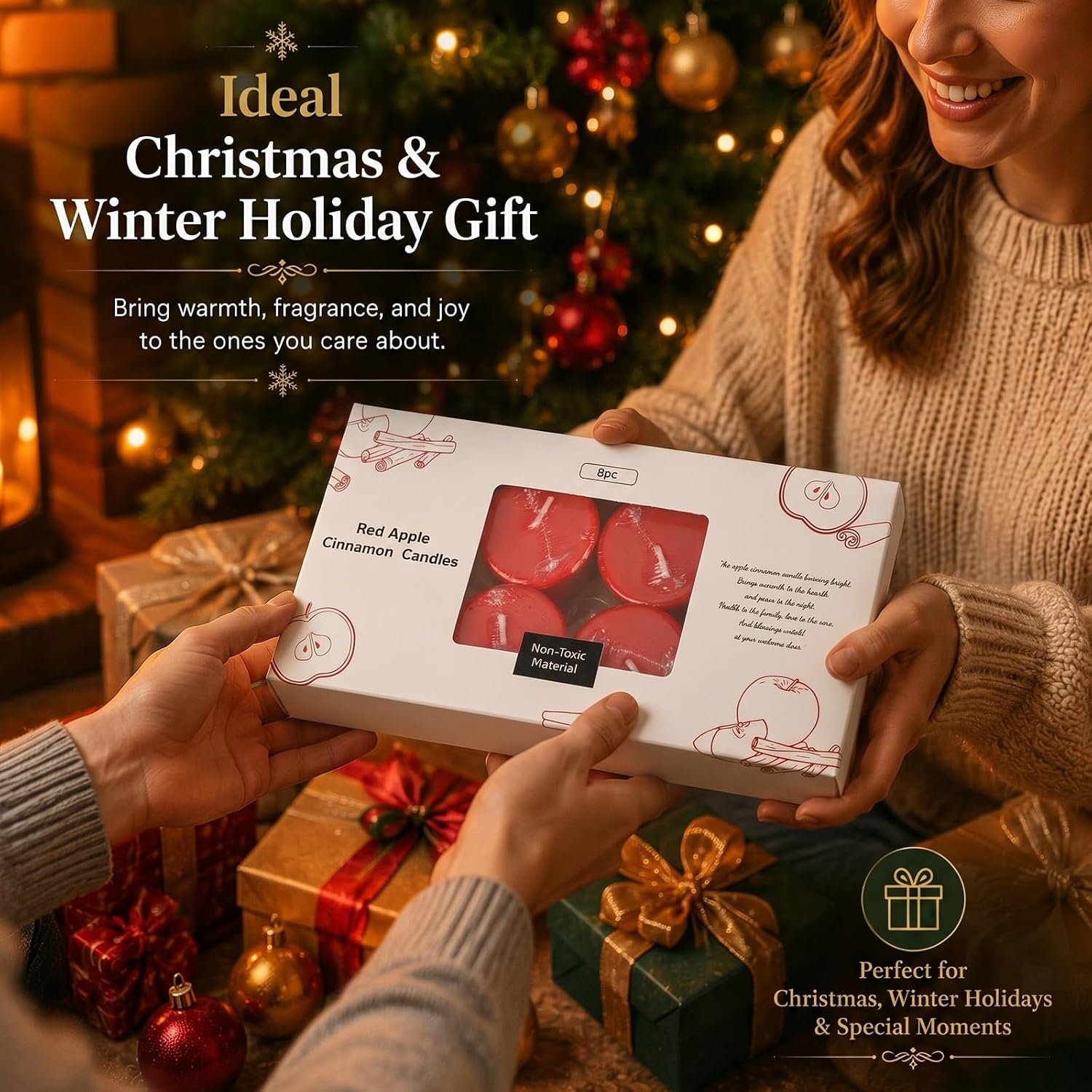 Conelist 8 Pcs Christmas Red Apple Cinnamon Scented Votive Candles Gift Box