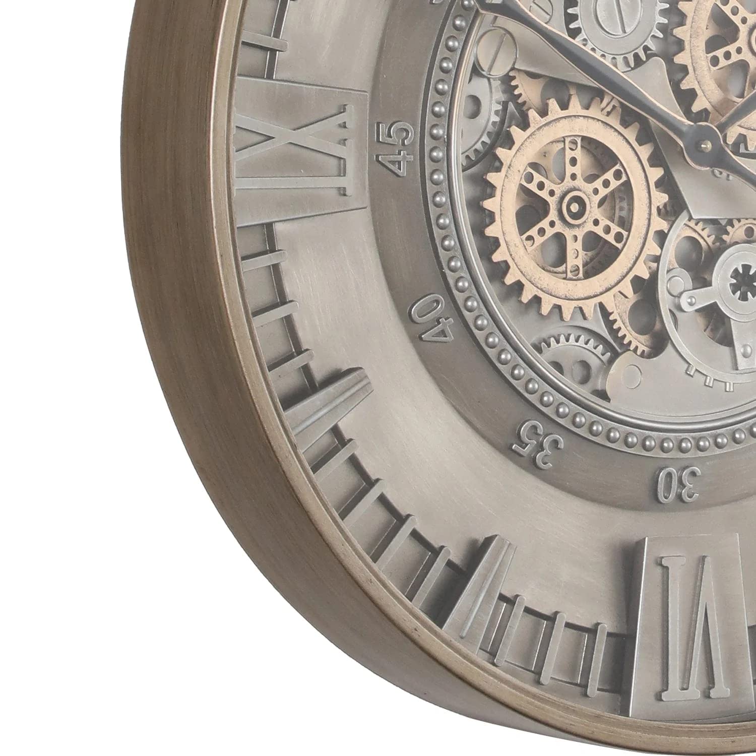 Wanduhr mit echtem Bewegungsgetriebe Zahnrädern 59,5cm (Metall, Antike Grau)