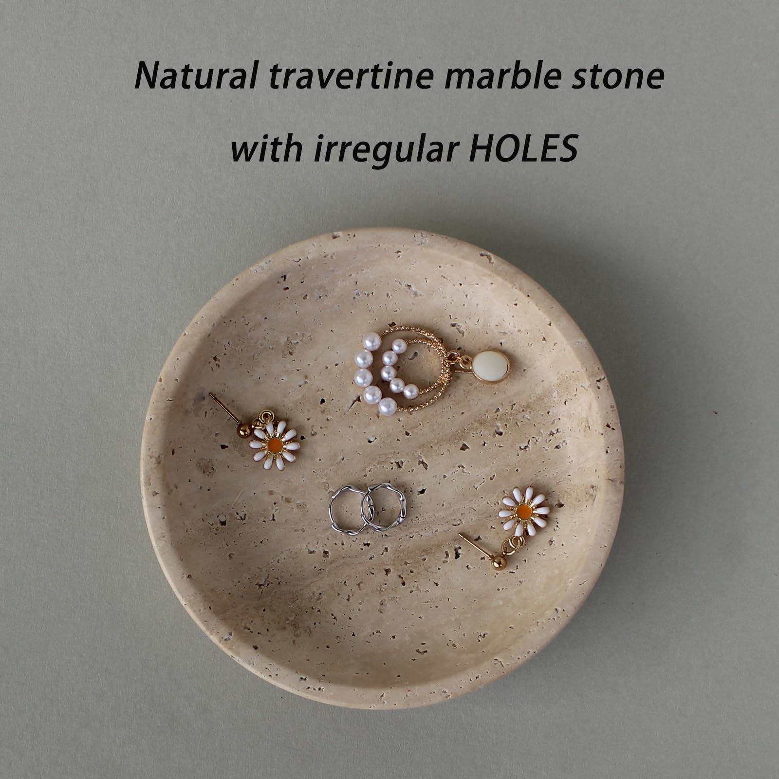 Piatto per gioielli in travertino beige naturale, 12 cm, piatto per anello e orecchini, regalo per donna figlia
