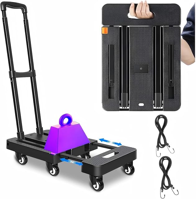 500 LBS Pliable Dolly Cart, Dolly pliable avec 6 360° Roues rotatives et 2 Ropes, Camion à main pliant, Léger et pratique,Platform Cart for Bagage,Maison,Voyage,Déplacement,Bureau