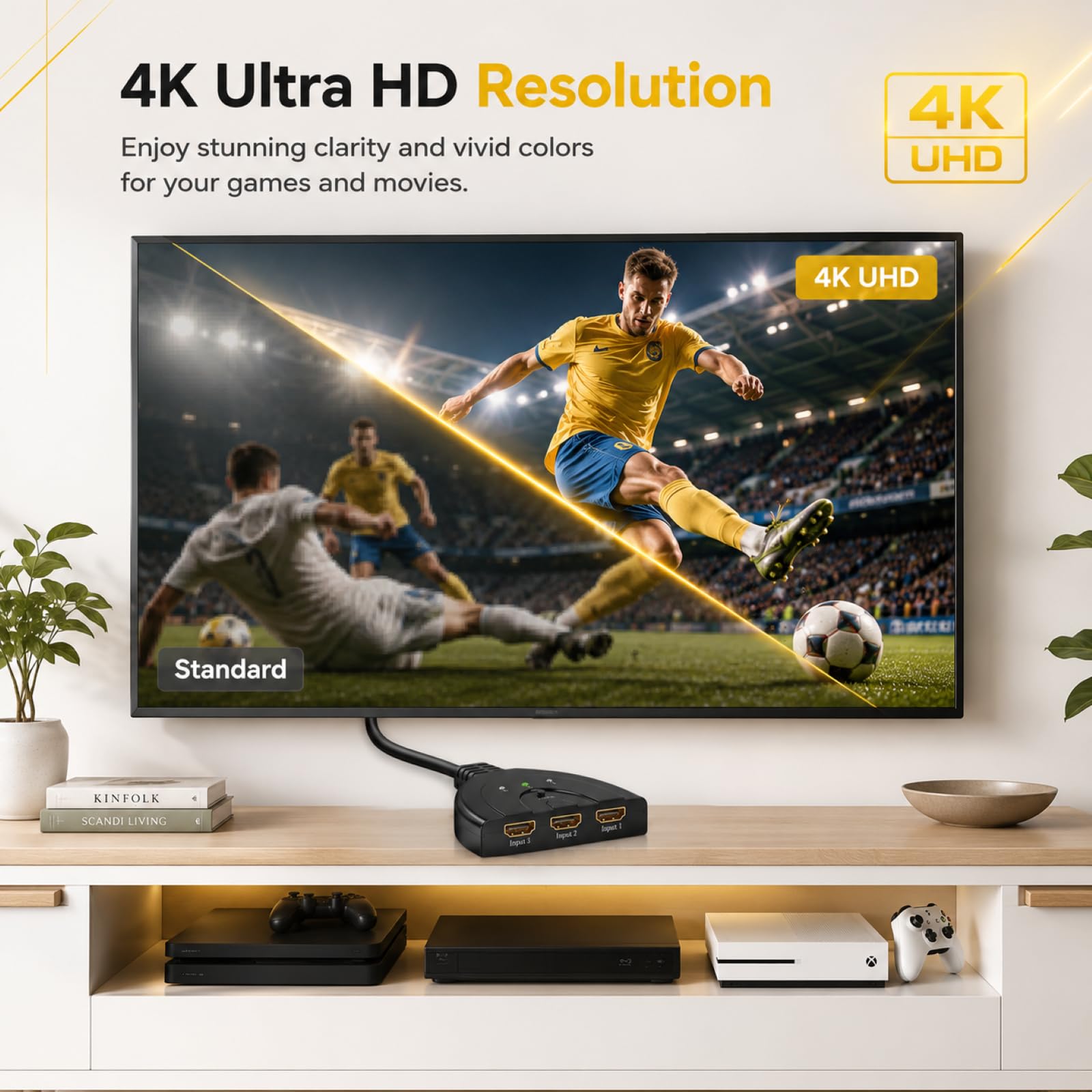 HDMI Switch 3 Eingänge 1 Ausgang, HDMI Splitter 3 in 1 Out 4K UHD Verteiler für PS5/PS4/Xbox/Switch/PC/Laptop/Blu-Ray Player/TV/Projektor, 3 Geräte auf 1 Monitor, Stabile Signalübertragung