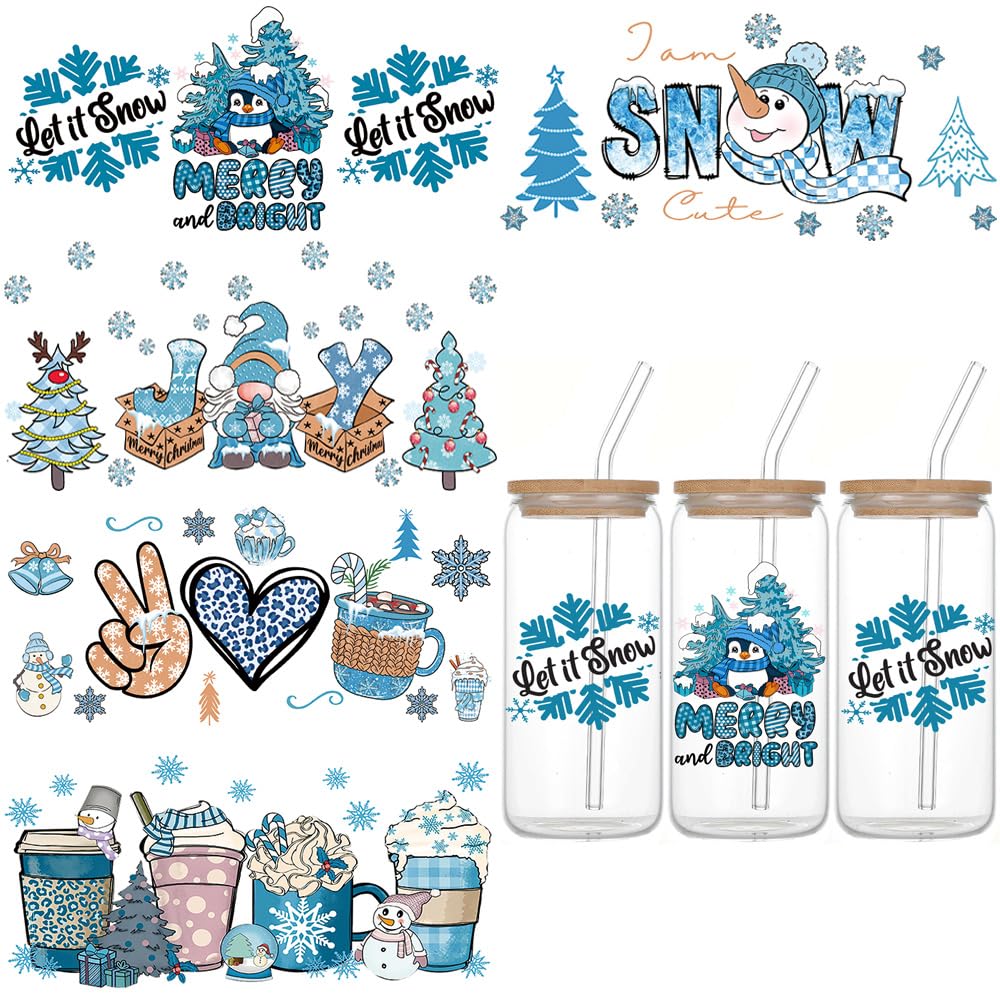 Christmas UV DTF Cup Wrap Transfer Stickers - 5 Sheets Blue Snowman Rub on Transfers for Glass, Craft Cute Penguin Snowflake Dwarf Waterproof UV DTF Cup Decals