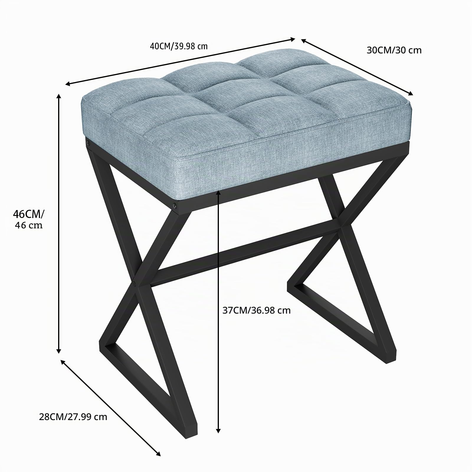 YMYNY Taburete de Maquillaje, Otomanas, Taburete de Piecon Patas de Metal en Forma de X con Asiento de Lino, para Tocador, Salón Dormitorio Entrada Pasillos 40×30×46CM Azul Gris HBD033L