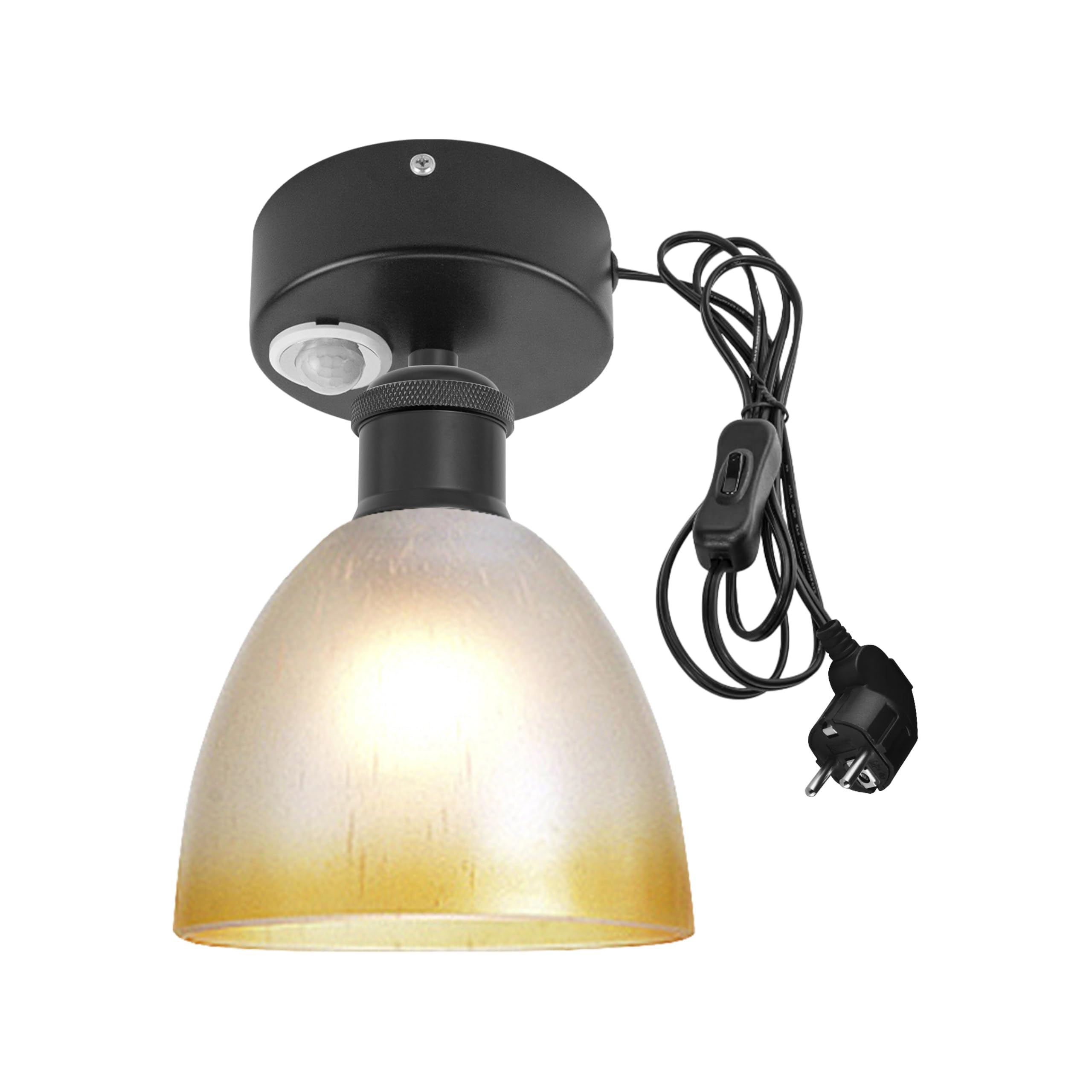 Plafoniera con sensore di movimento interno, moderna lampada da soffitto in vetro, sensore di movimento radar con cavo da 4,5 m e portalampada E27, per corridoio, bagno, scale, garage, nero