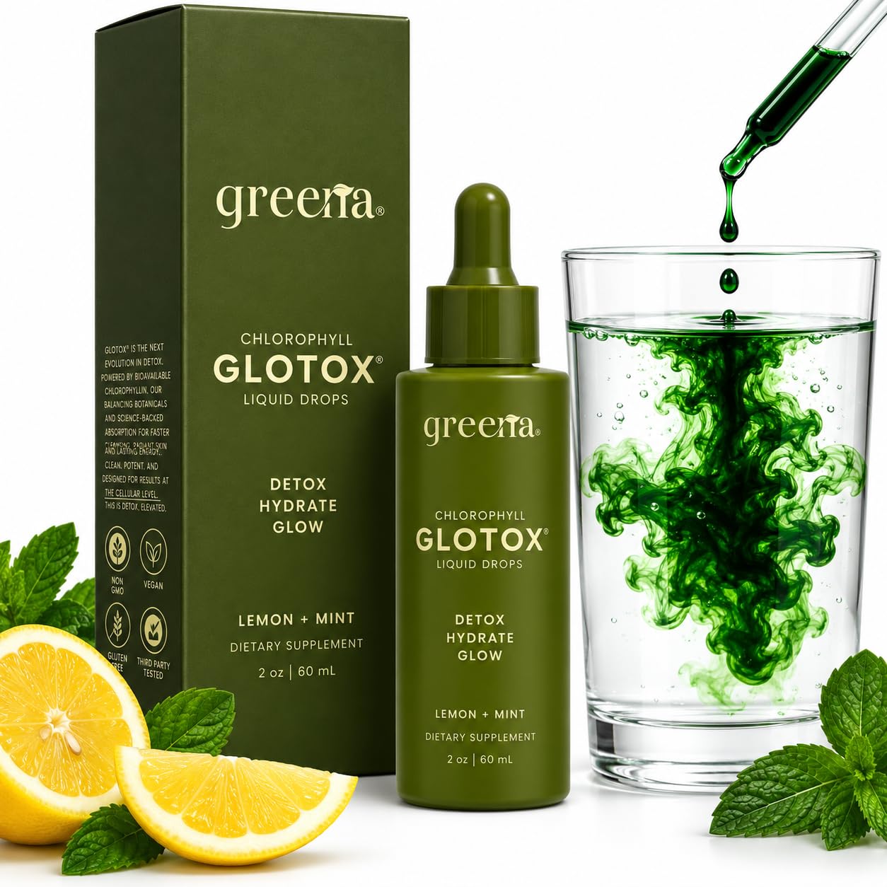 GLOTOX Chlorophyll Liquid Drops - 3000mg Sodium Copper Chlorophyllin Complex with 6 Bioavailable Botanicals - Clinical-Grade Detox, Gut Cleanse & Energy Support - Vegan, Non-GMO - Lemon Mint - 2oz