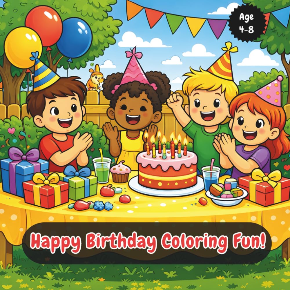 Happy Birthday Coloring Fun!: A Cute Birthday Coloring Book with Cakes, Balloons, Friends, and Outdoor Play for Kids Ages 4-8