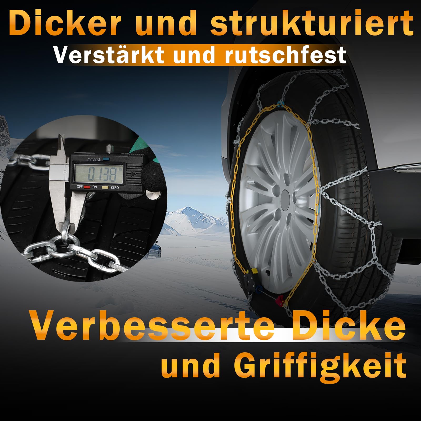 Schneeketten Auto-Fixierung 1‑Min Schnellmontage Leichte Installation Reifenketten, Tragbar Wiederverwendbar Universelle Notfall-Reifentraktionskette für PKW, Pickup-Trucks und SUV – 2er‑Set(HKN-100)